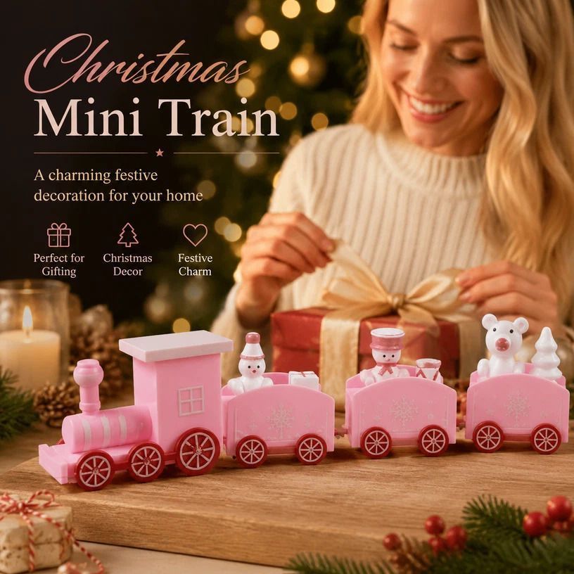 Christmas Decor Train Ornament Plastic Xmas Gift, Pink Box - Image 1