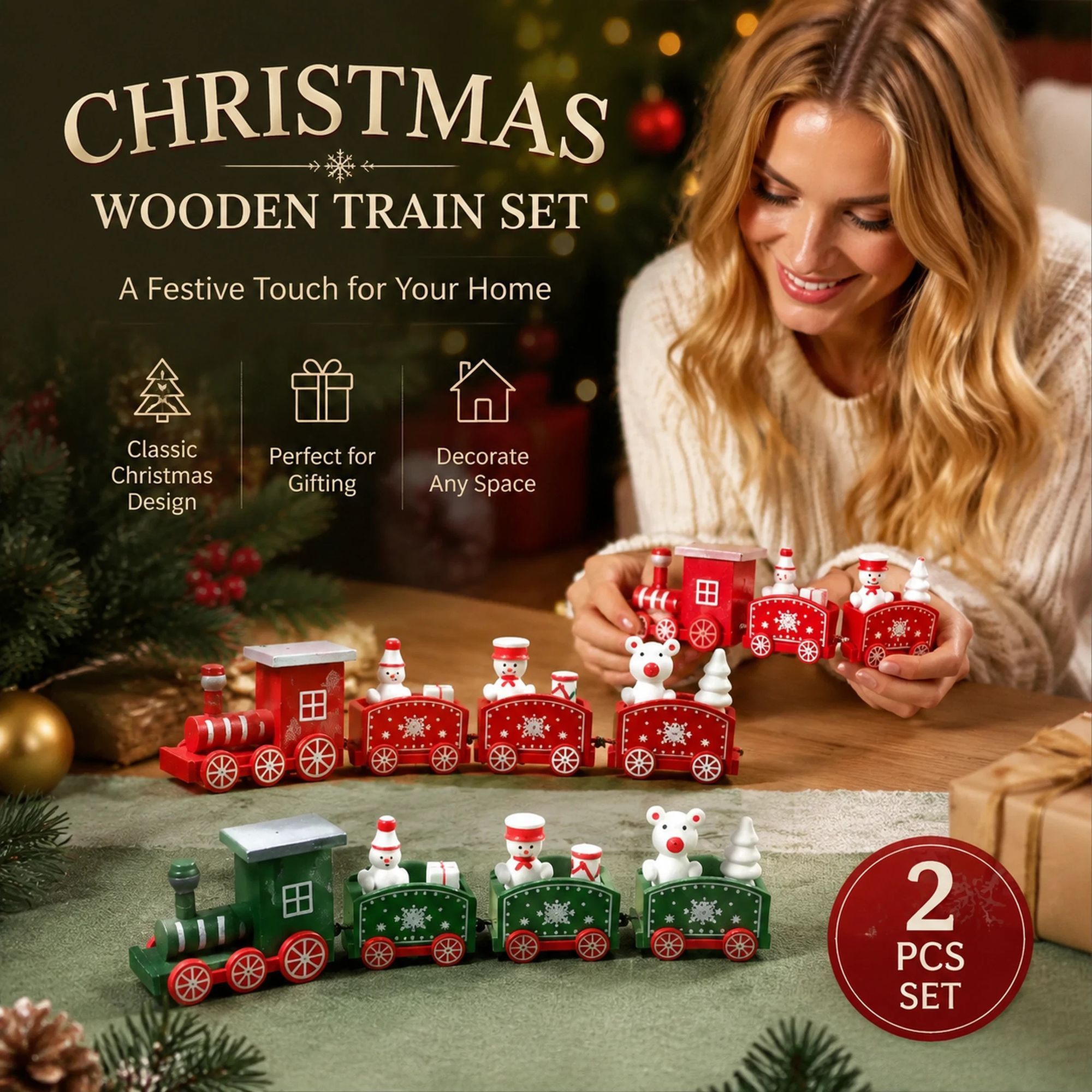 Green & Red Christmas Train Ornament 2 Pack - Image 1