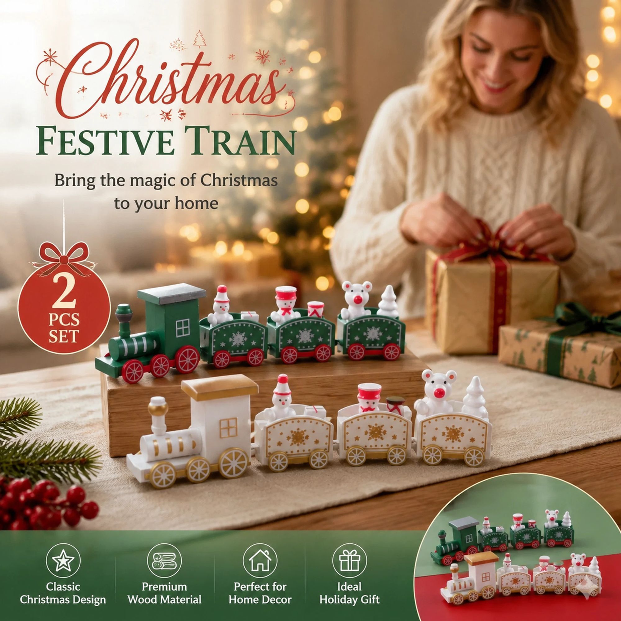 Green & White Christmas Train Ornament 2 Pack - Image 1