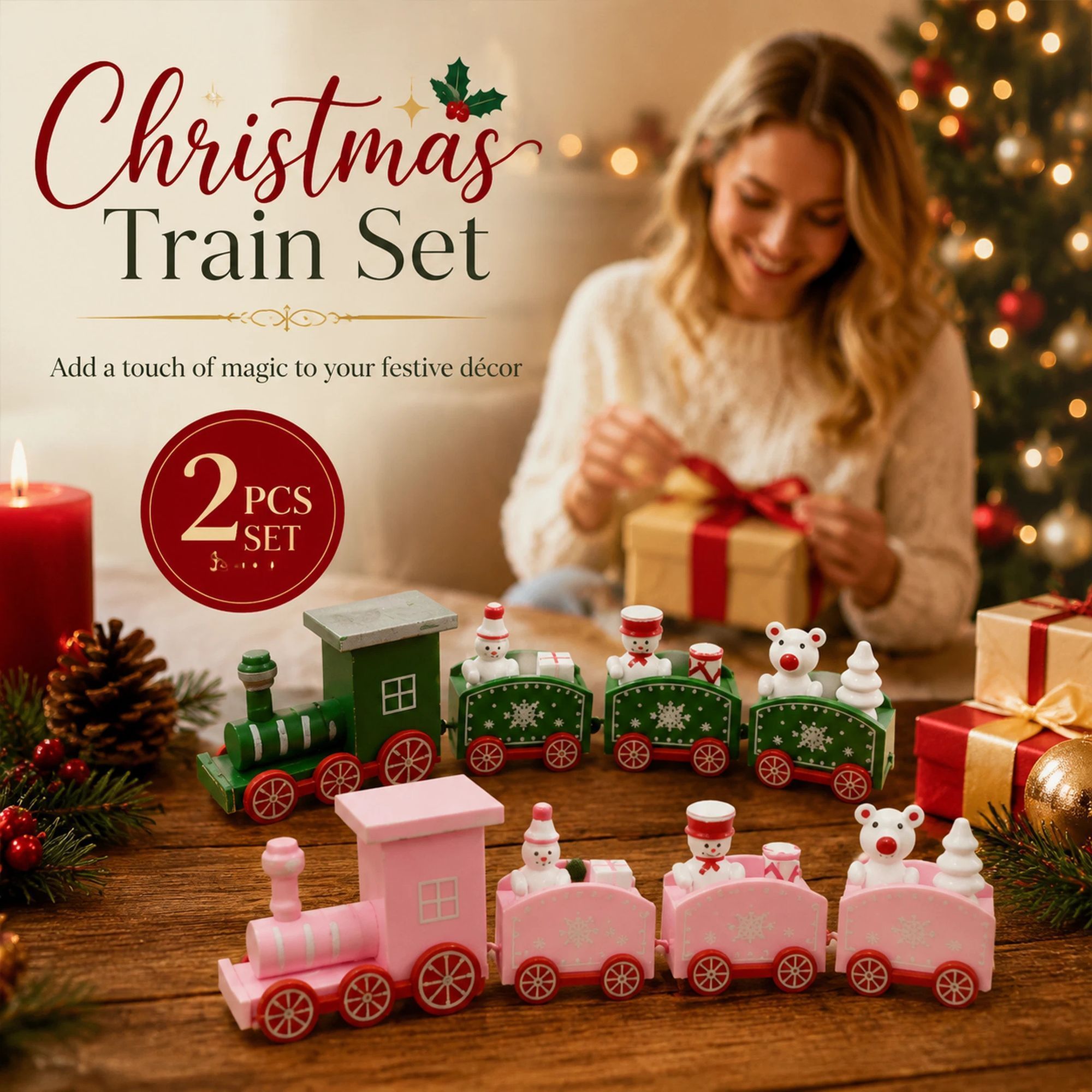 Green & Pink Christmas Train Ornament 2 Pack - Image 1
