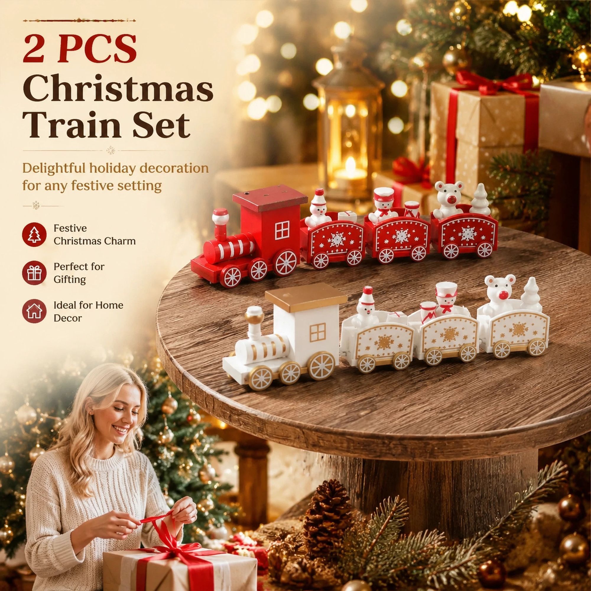 Red & White Christmas Train Ornament 2 Pack - Image 1