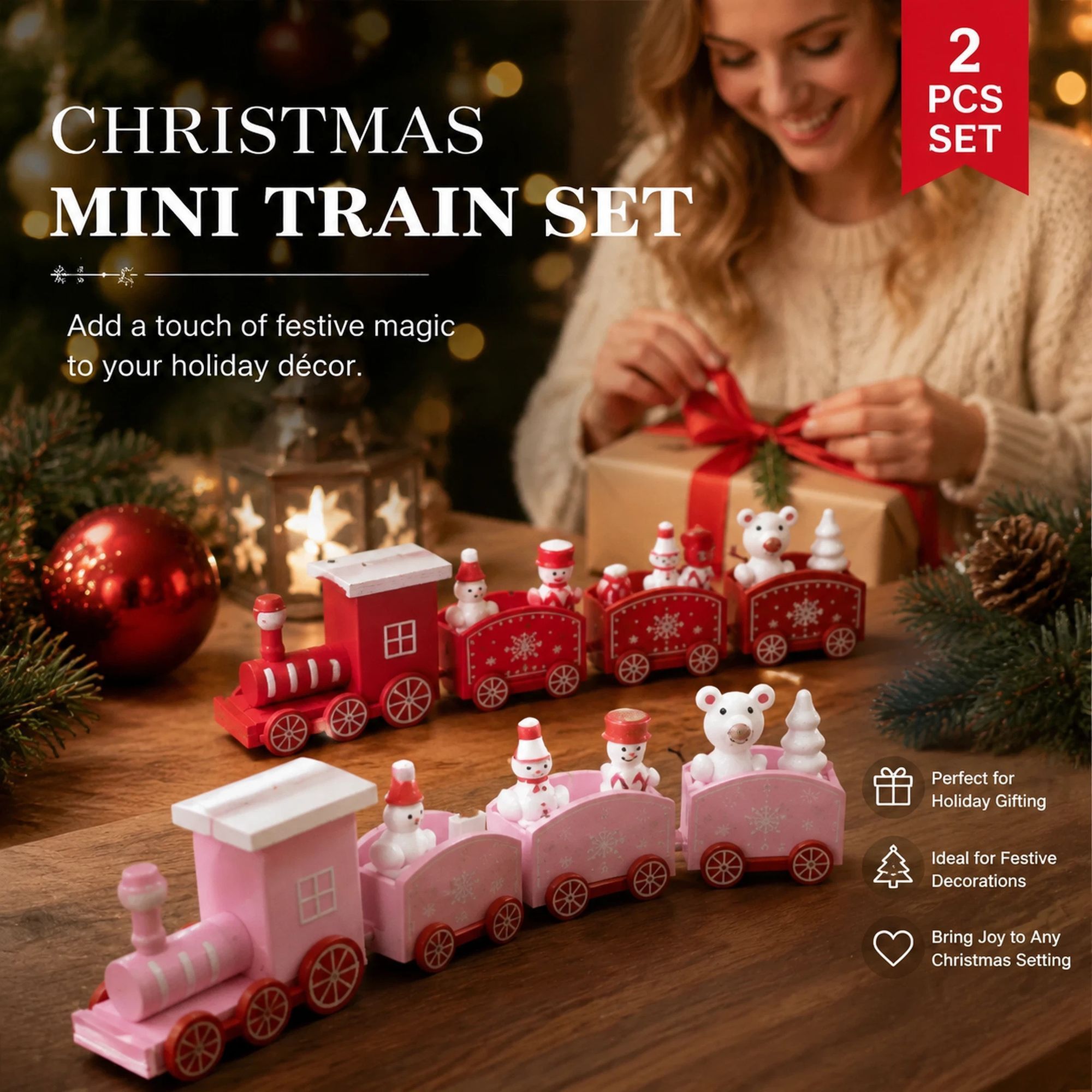 Red & Pink Christmas Train Ornament 2 Pack - Image 1