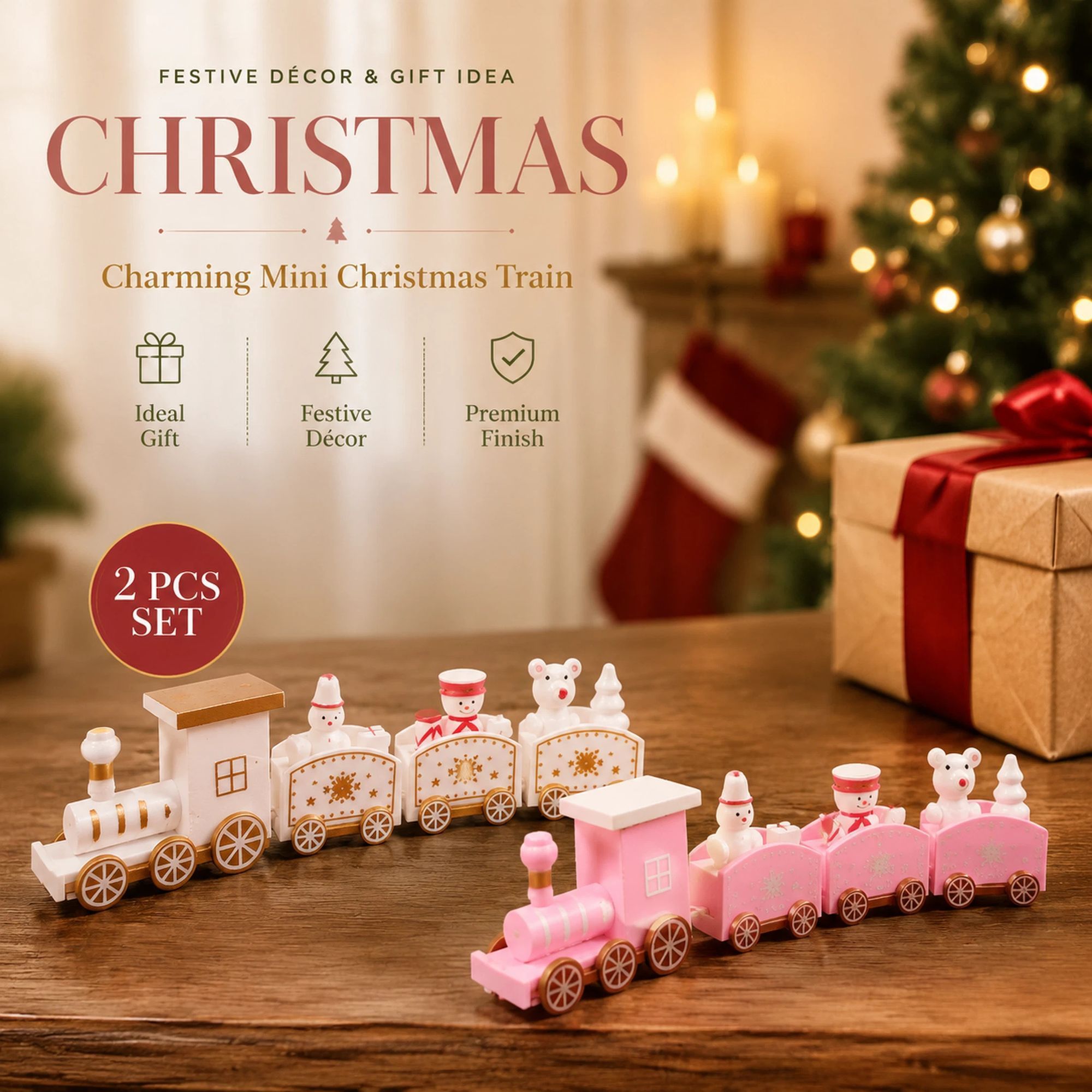 White & Pink Christmas Train Ornament 2 Pack - Image 1