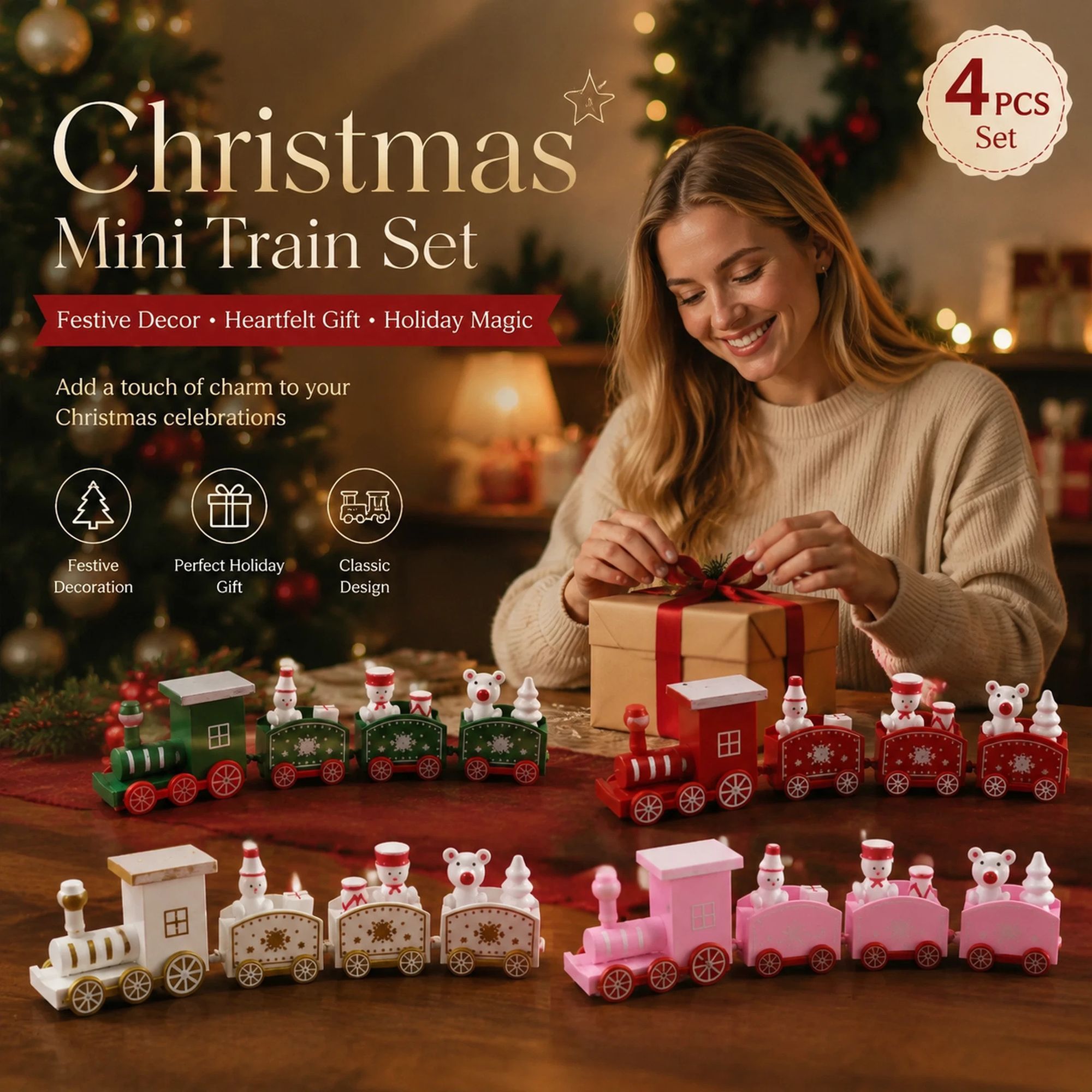 4-Colour Christmas Train Ornament 4 Pack - Image 1