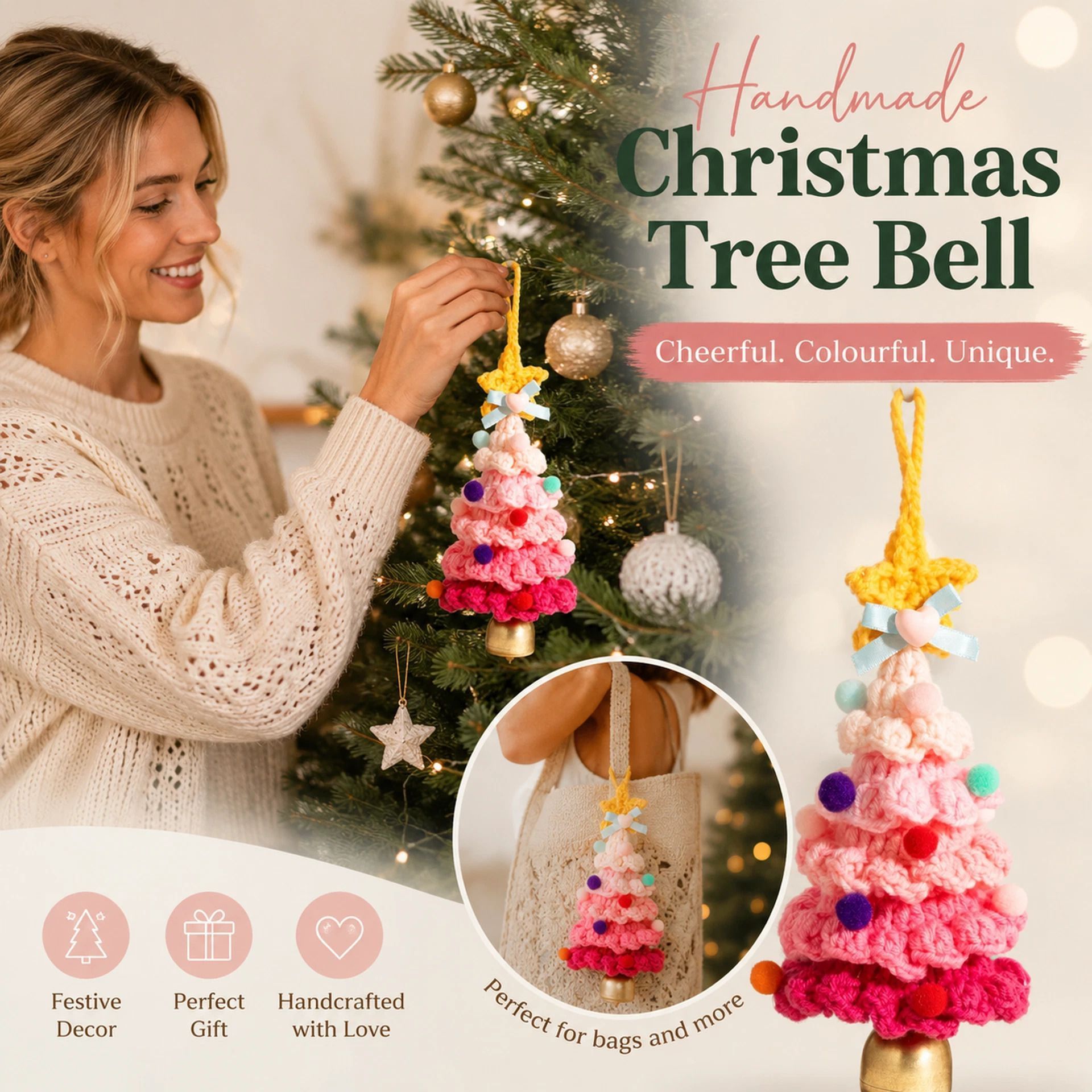 Crochet Xmas Tree Bell Ornament Style A, Perfect Christmas Gift - Image 1