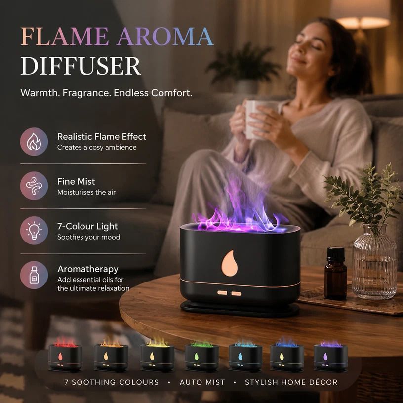 USB Flame Aroma Diffuser, Black RGB Light, Xmas Present - Image 1