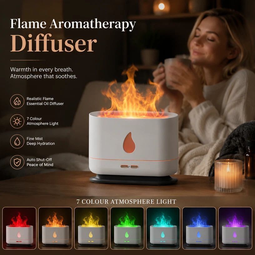 USB Flame Aroma Diffuser, White RGB Light, Festive Gift - Image 1