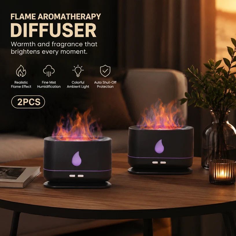2 Pack USB Flame Diffuser, Black RGB Light, Hamper Gift - Image 1