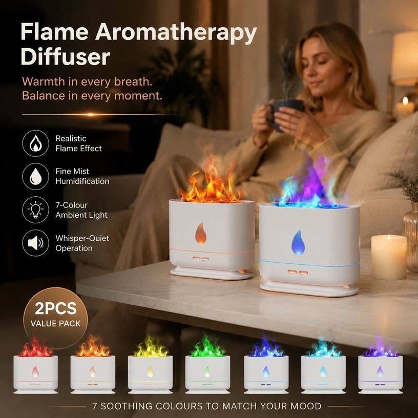 2 Pack USB Flame Diffuser, White RGB Light, Home Xmas Gift - Image 1