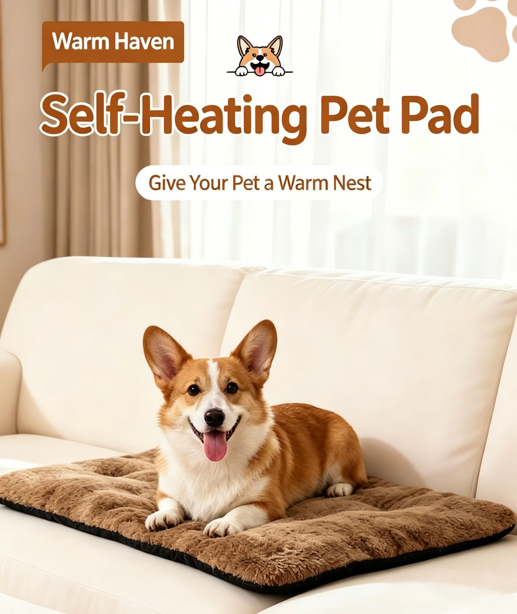 Khaki Self Heating Pet Pad XL Size 72*115cm Warm Dog Cat Mat - Image 1