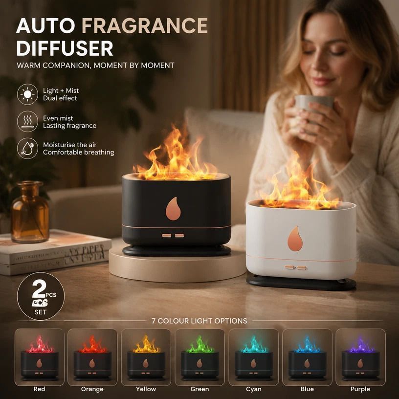 2 Pack USB Flame Diffuser, White & Black RGB Light Pair - Image 1