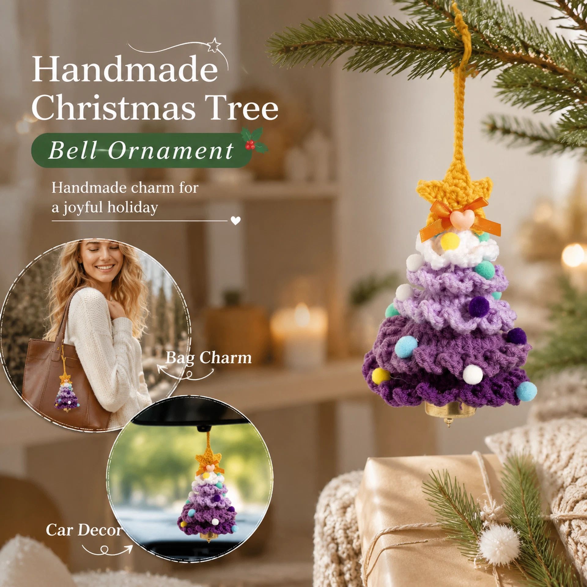 Crochet Xmas Tree Bell Ornament Style B, Lovely Holiday Present - Image 1