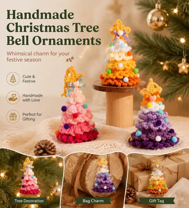 Crochet Xmas Tree Bell Ornament Style C, Cute Stocking Filler Gift - Image 4