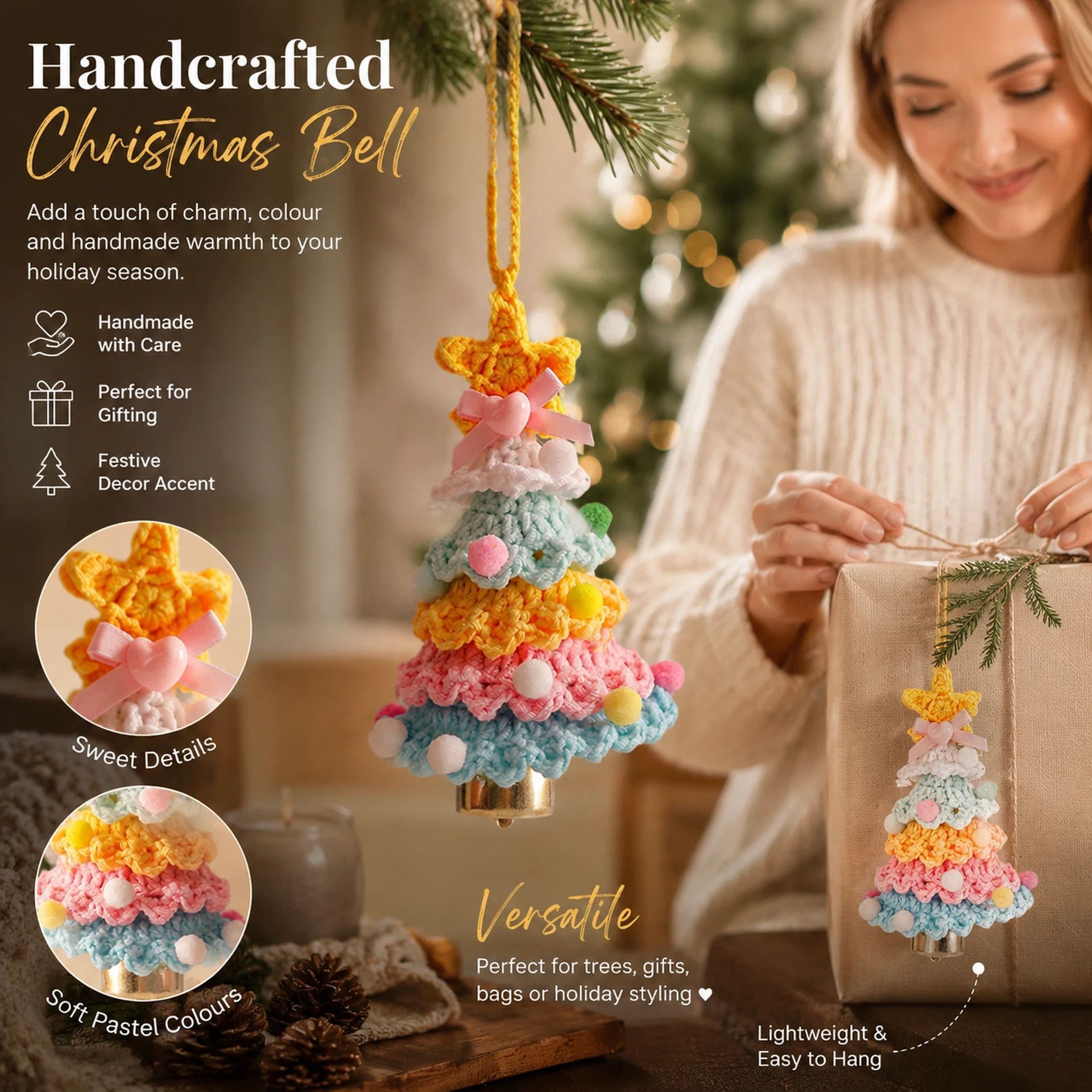Crochet Xmas Tree Bell Ornament Style D, Festive Home Gift - Image 1