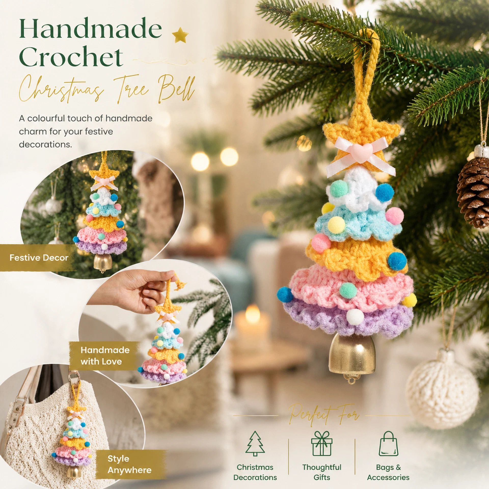 Crochet Xmas Tree Bell Ornament Style E, Ideal Xmas Decor Gift - Image 1