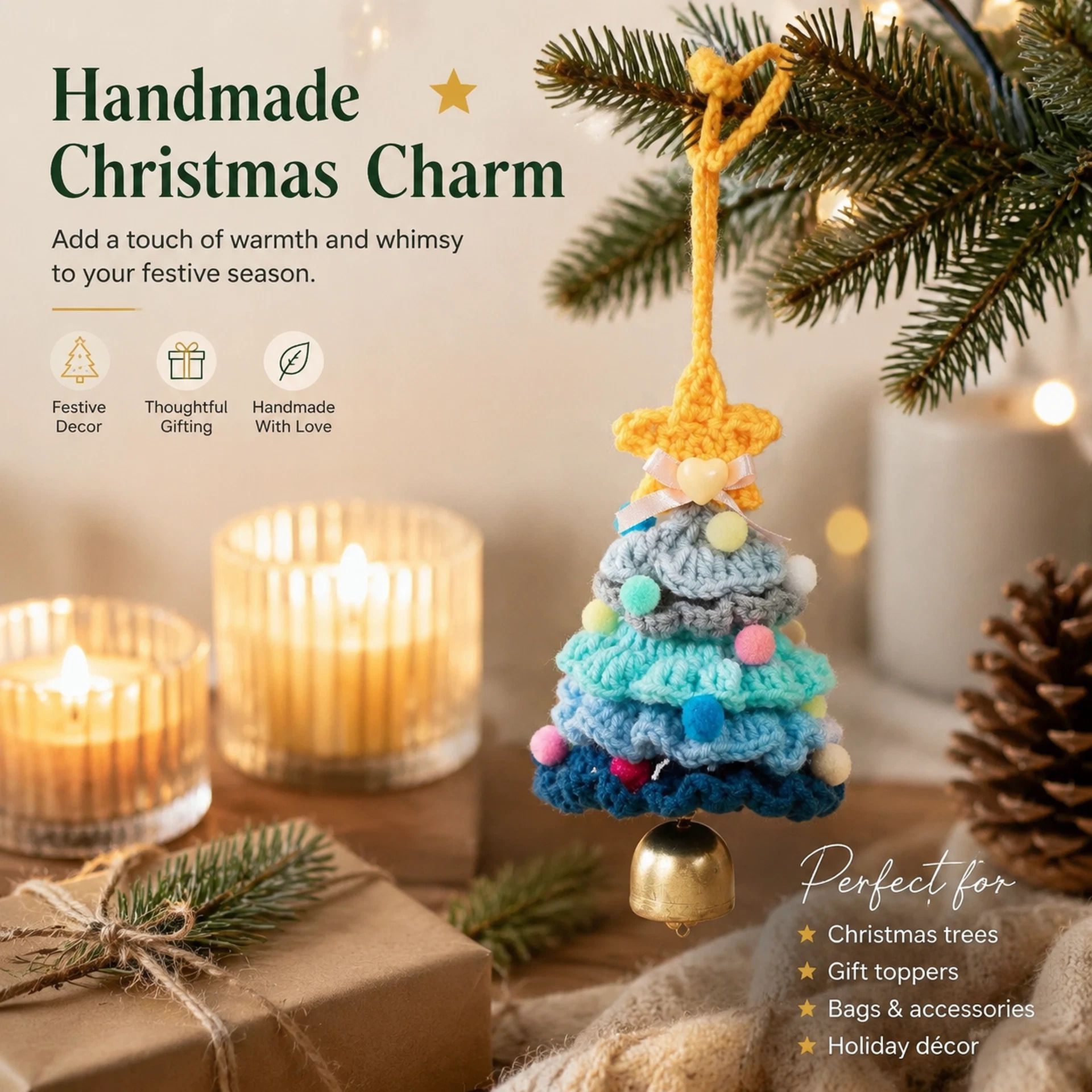 Crochet Xmas Tree Bell Ornament Style F, Budget Holiday Gift - Image 1