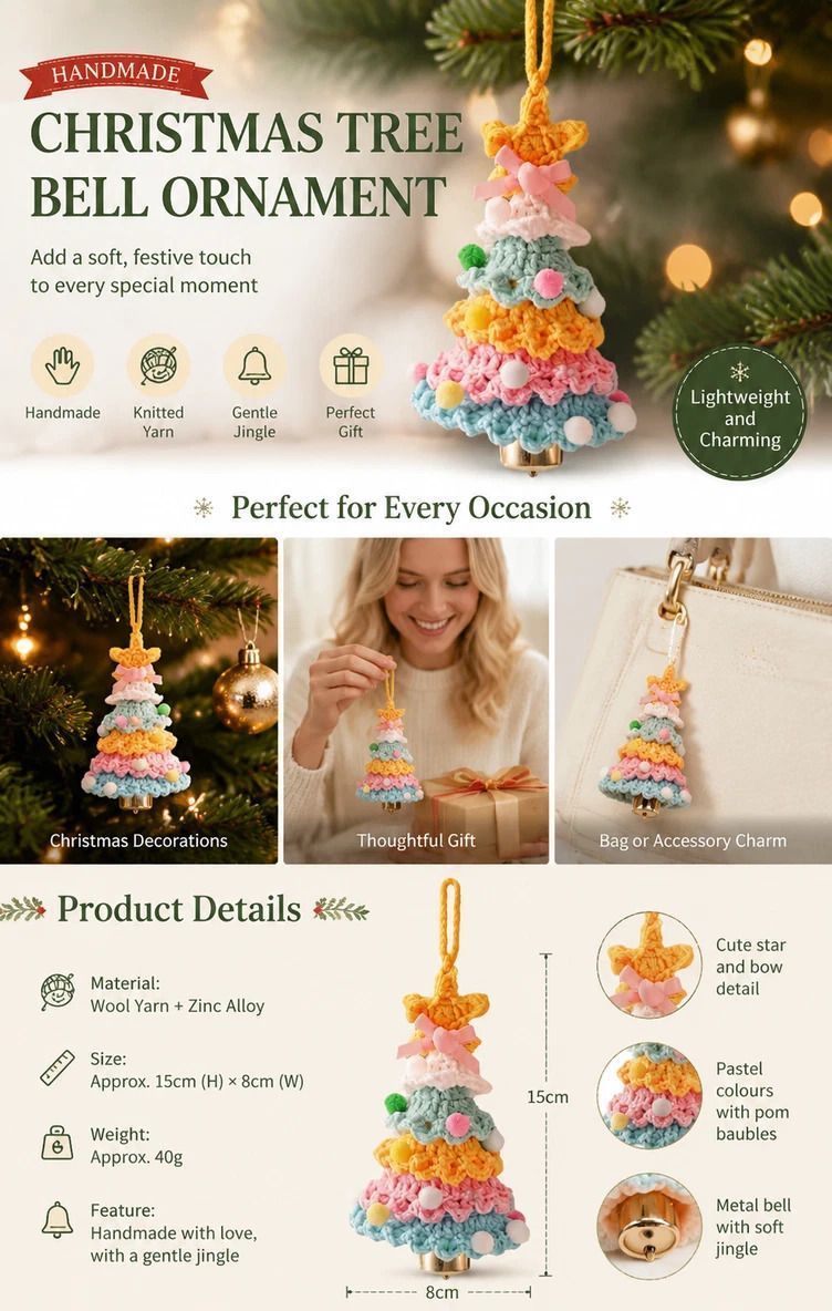 Crochet Xmas Tree Bell Ornament Style G, Kids Christmas Present - Image 2