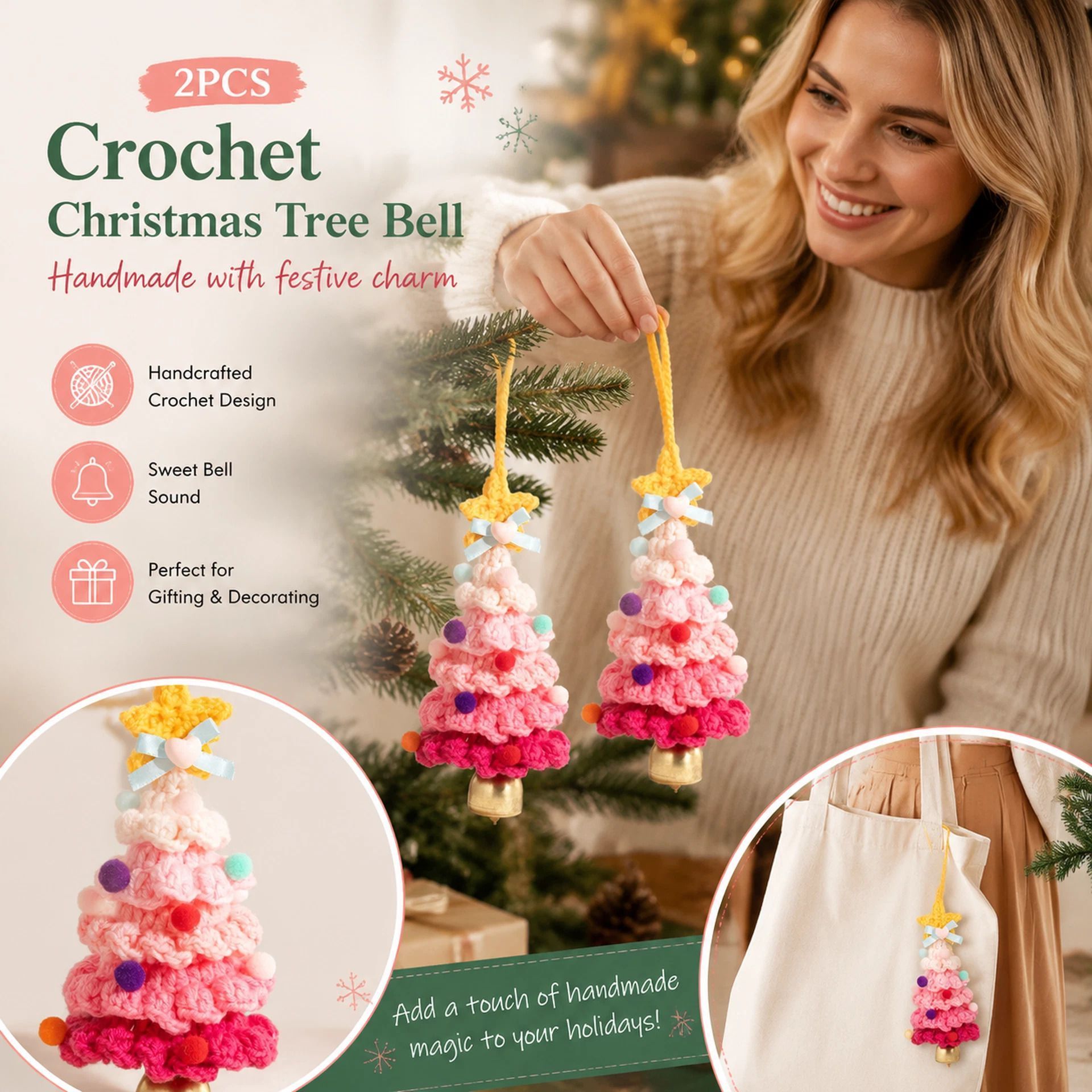 2 Pack Crochet Bell Ornament Style A Pink, Matching Christmas Gift Set - Image 1