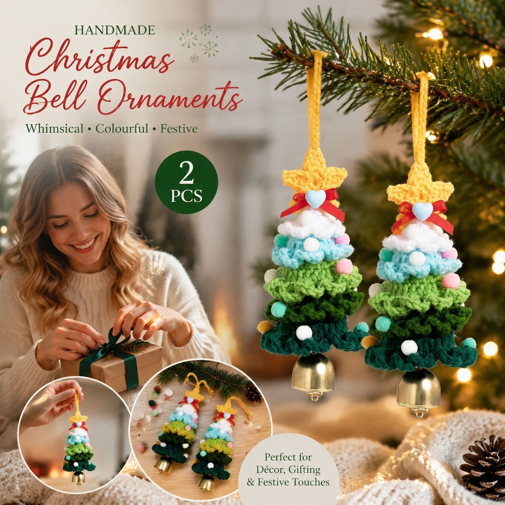 2 Pack Crochet Bell Ornament Style C Green, Family Holiday Gift - Image 1