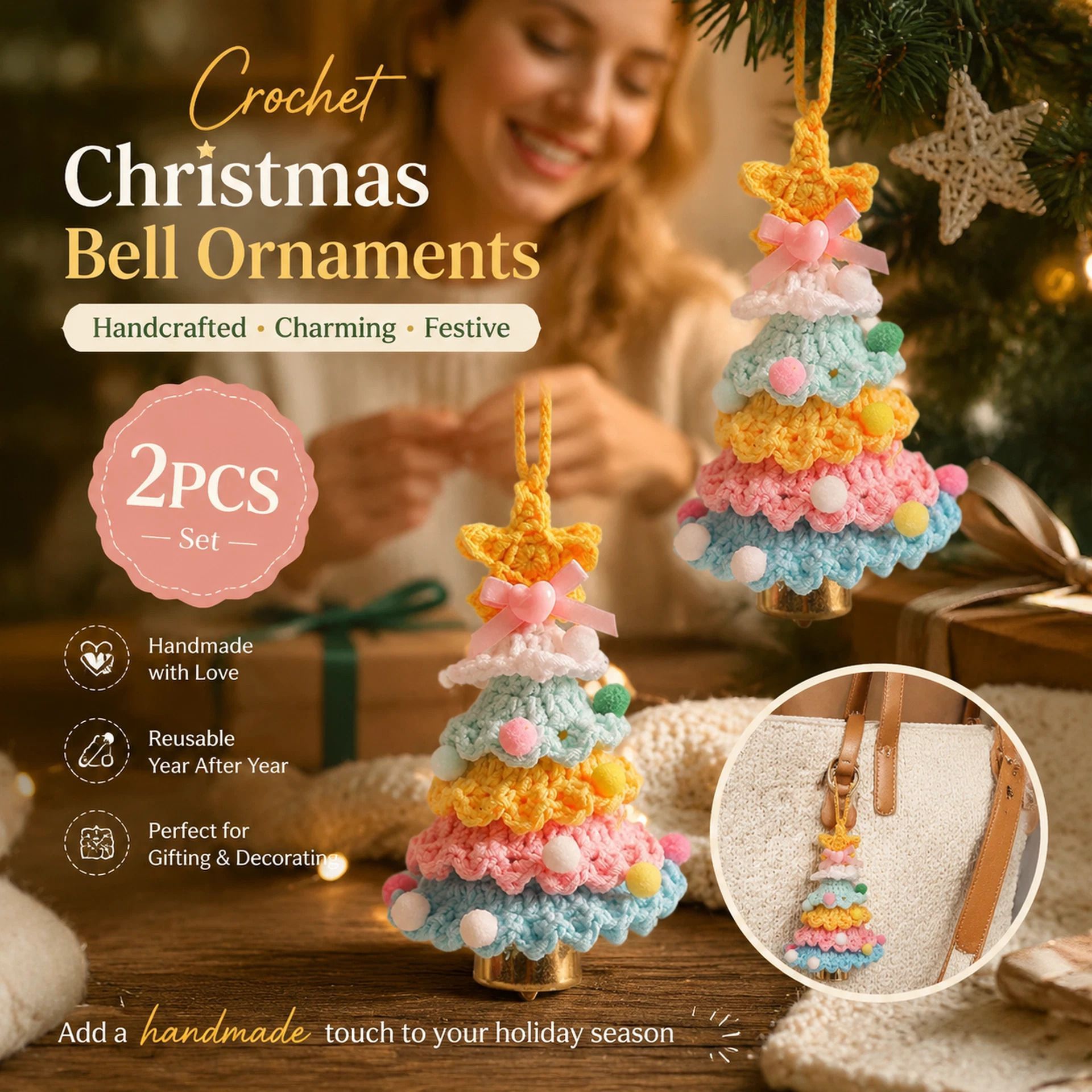 2 Pack Crochet Bell Ornament Style D Rainbow 1, Bright Xmas Present - Image 1