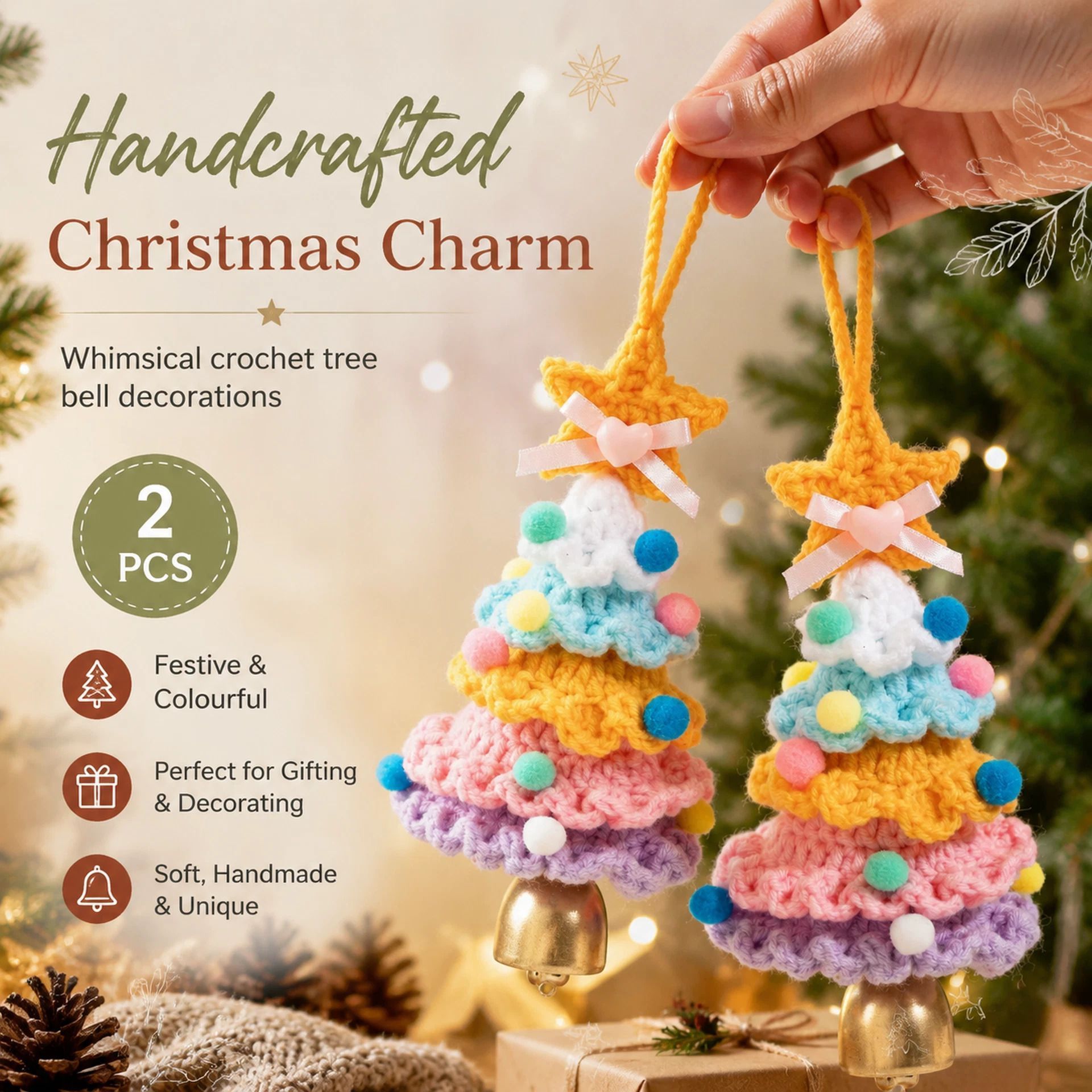 2 Pack Crochet Bell Ornament Style E Rainbow 2, Decor Gift Pack - Image 1