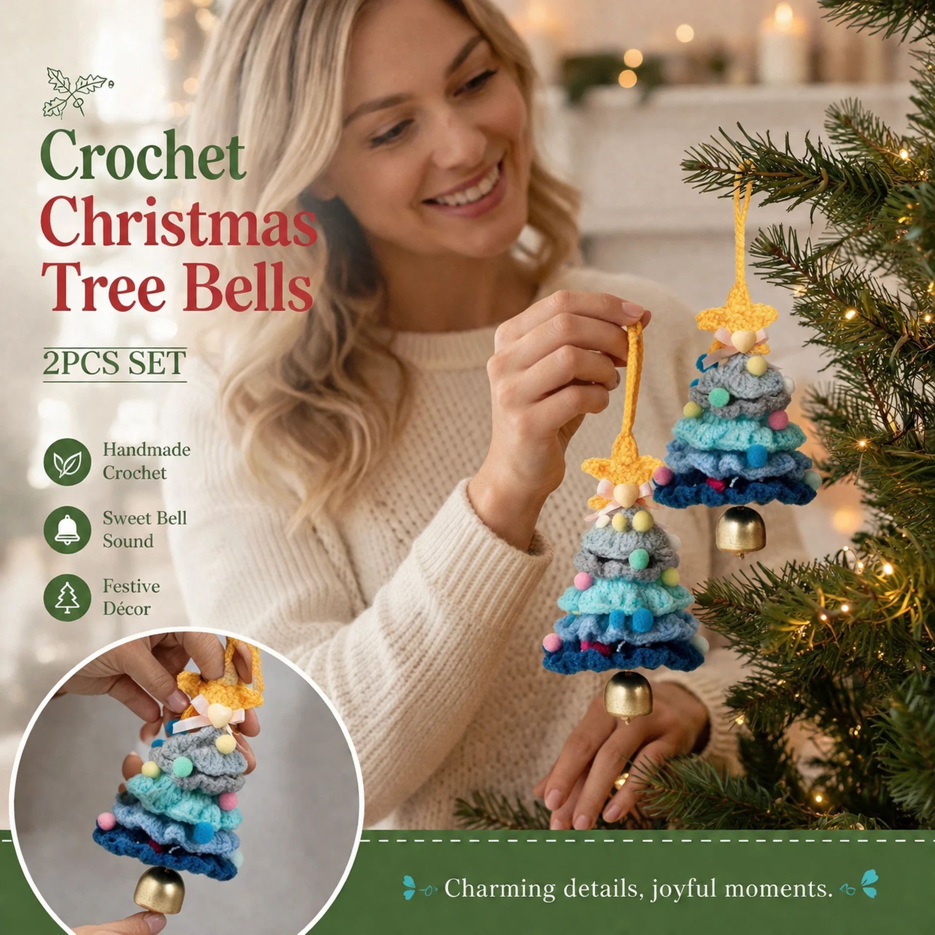 2 Pack Crochet Bell Ornament Style F Blue, Winter Holiday Gift - Image 1