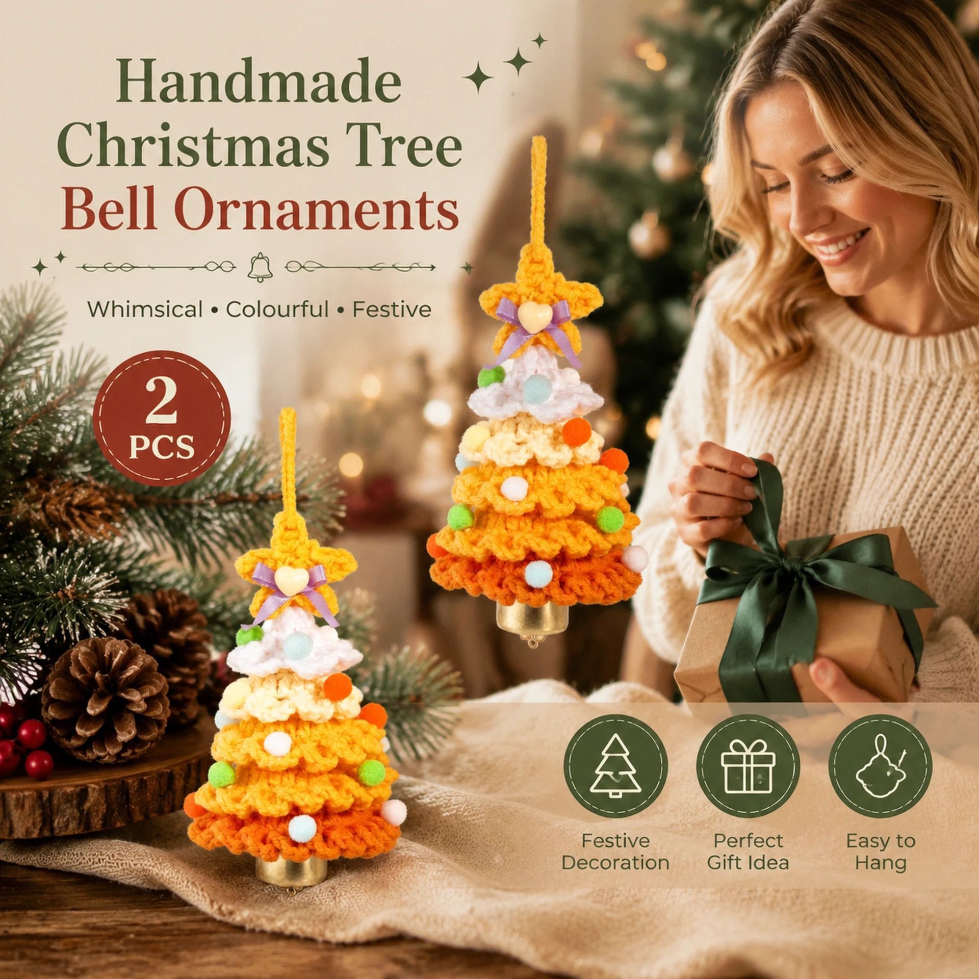 2 Pack Crochet Bell Ornament Style G Orange, Unique Xmas Gift - Image 1