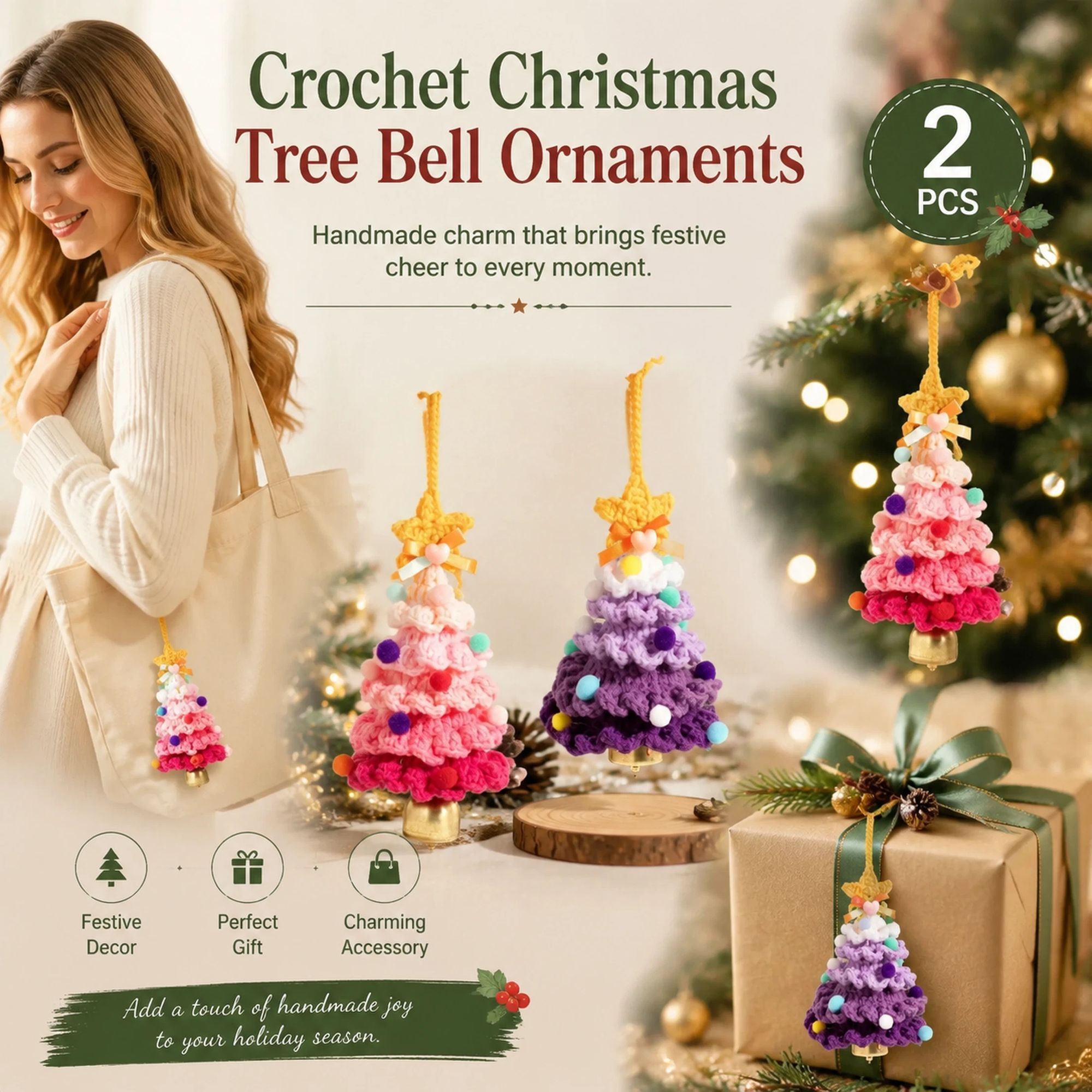 2 Pack Crochet Ornament A+B Pink & Purple, Couple Christmas Gift Pair - Image 1