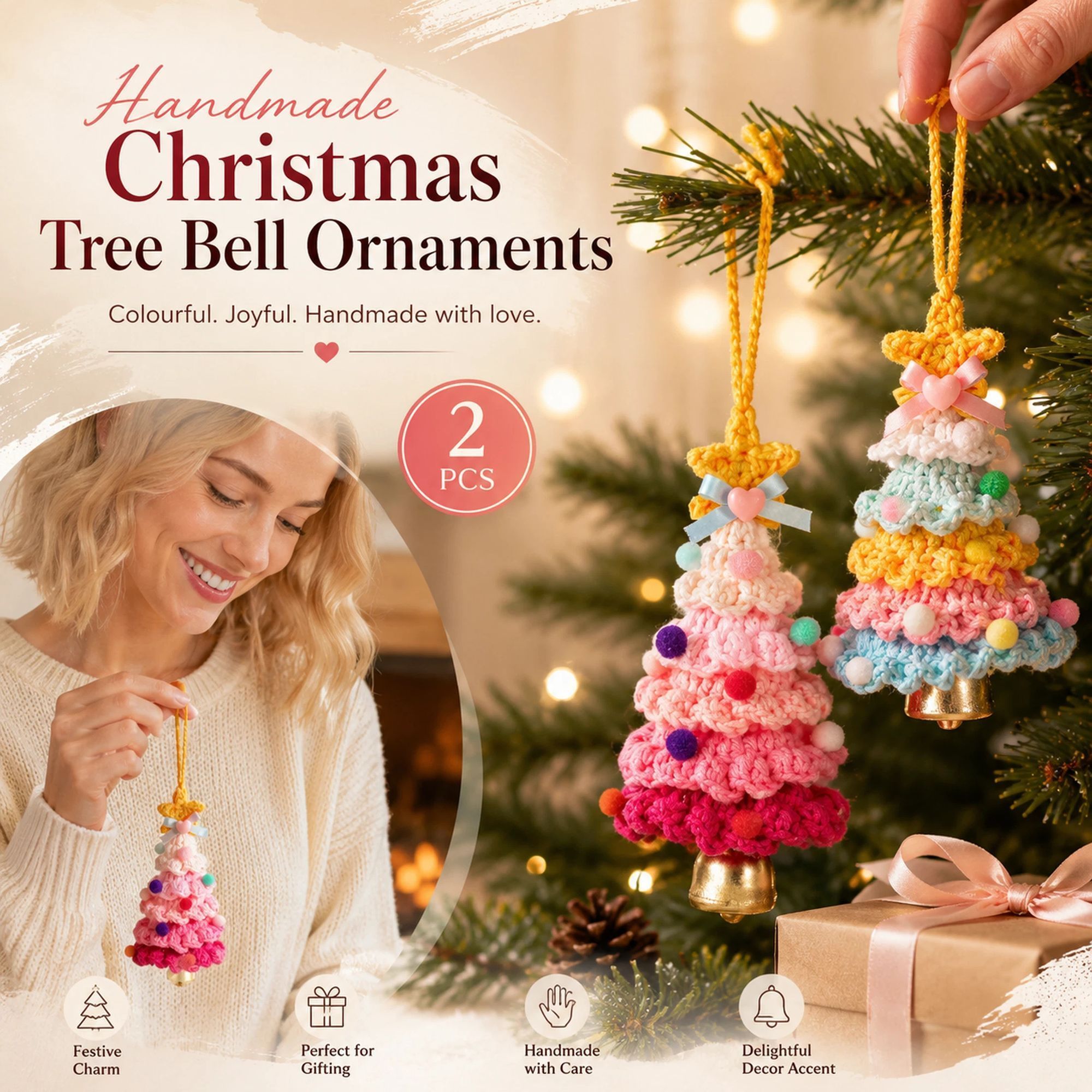 2 Pack Crochet Ornament A+D Pink & Rainbow 1, Xmas Tree Gift Pair - Image 1