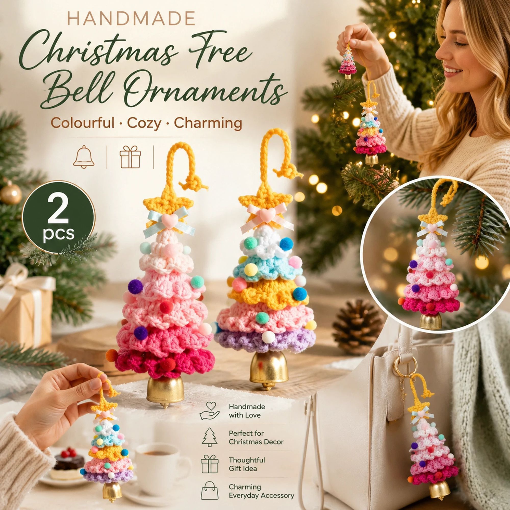 2 Pack Crochet Ornament A+E Pink & Rainbow 2, Cute Gift Duo - Image 1