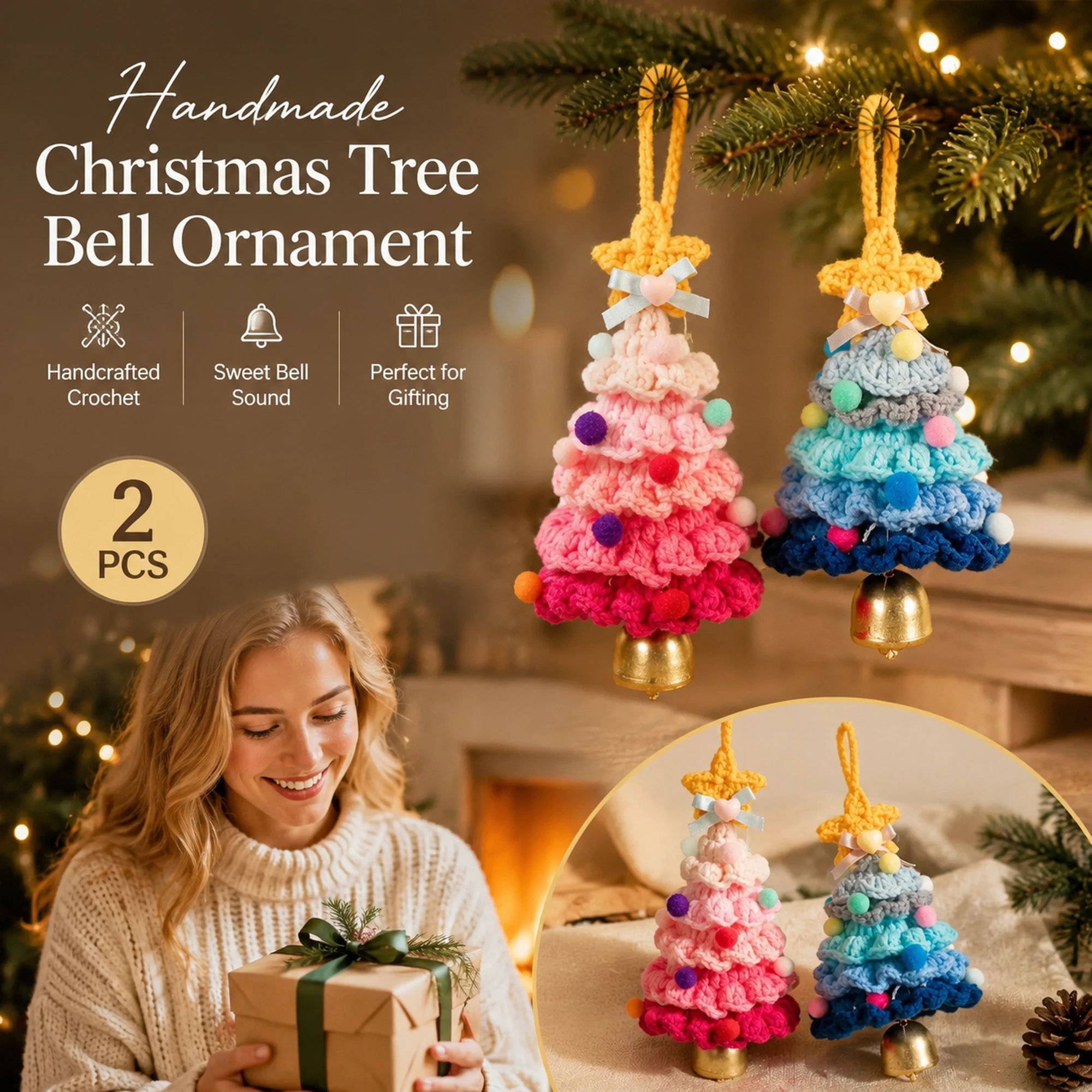 2 Pack Crochet Ornament A+F Pink & Blue, Festive Present Pair - Image 1