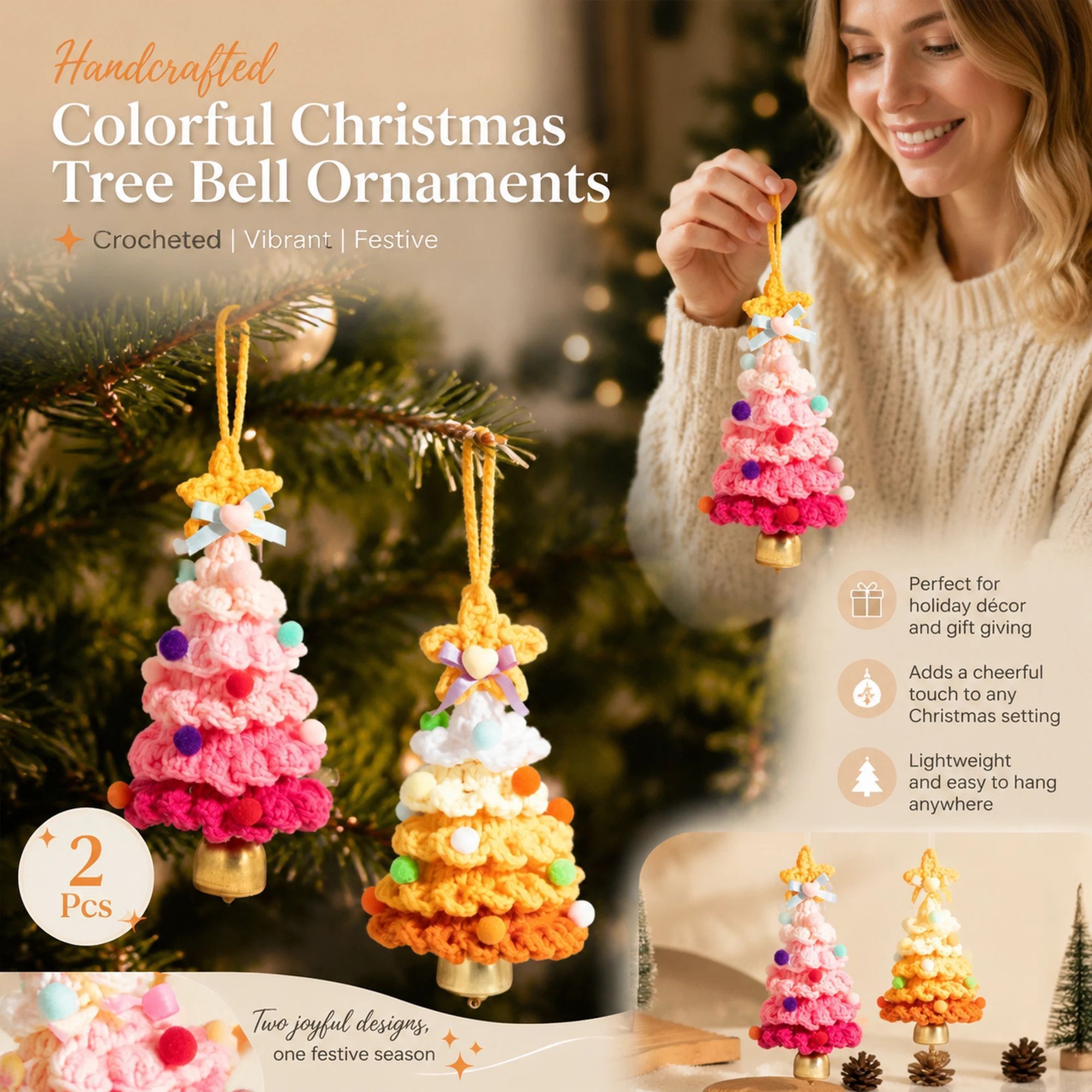 2 Pack Crochet Ornament A+G Pink & Orange, Stocking Stuffer Pair - Image 1