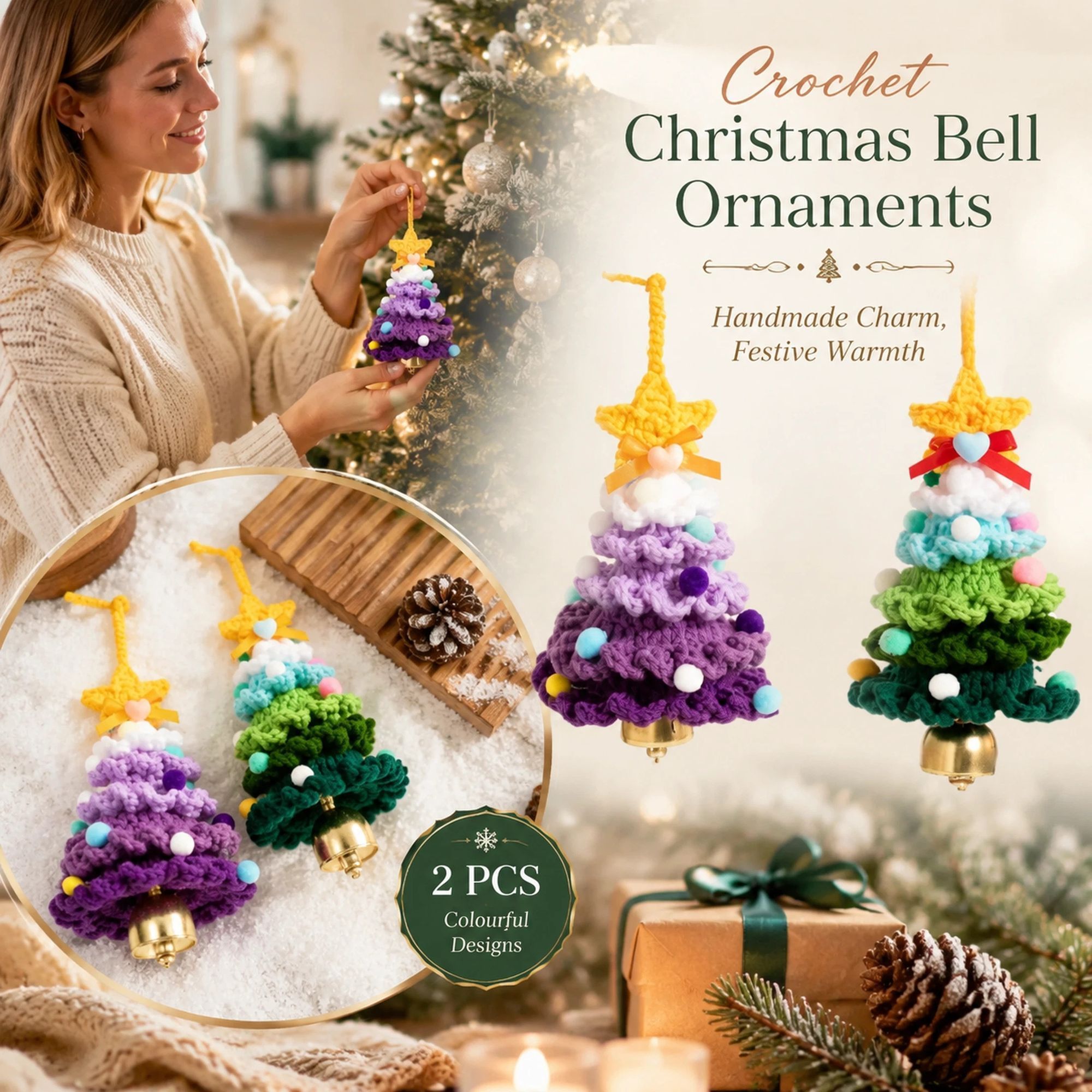 2 Pack Crochet Ornament B+C Purple & Green, Home Xmas Decor Pair - Image 1