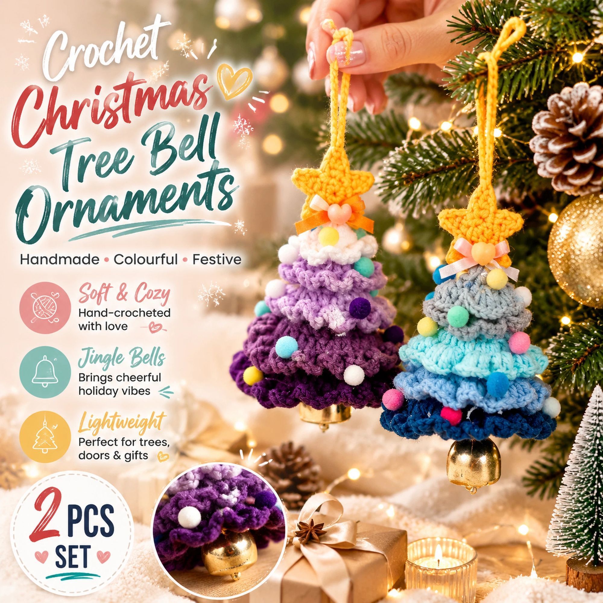 2 Pack Crochet Ornament B+F Purple & Blue, Winter Xmas Pair - Image 1