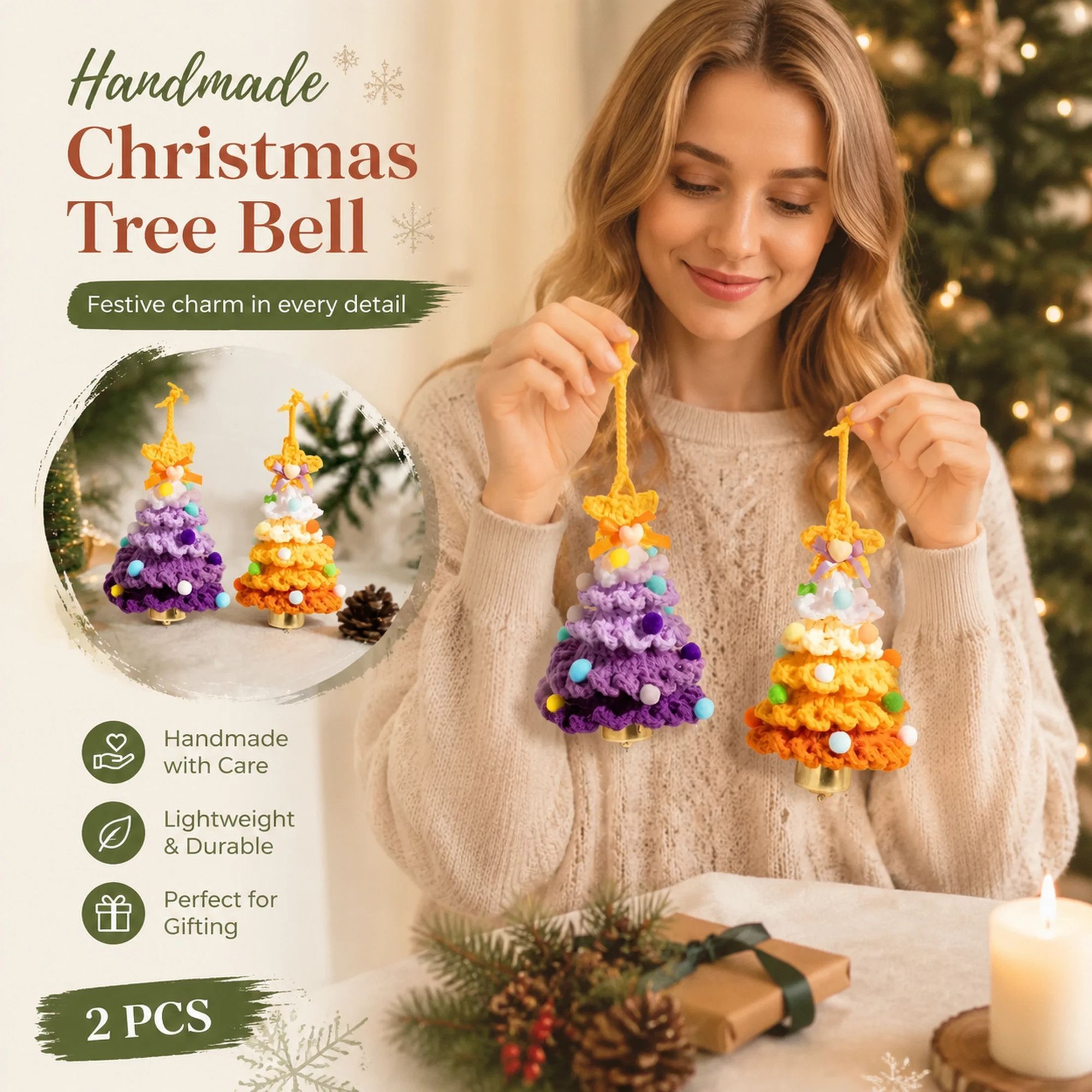 2 Pack Crochet Ornament B+G Purple & Orange, Kids Gift Pair - Image 1
