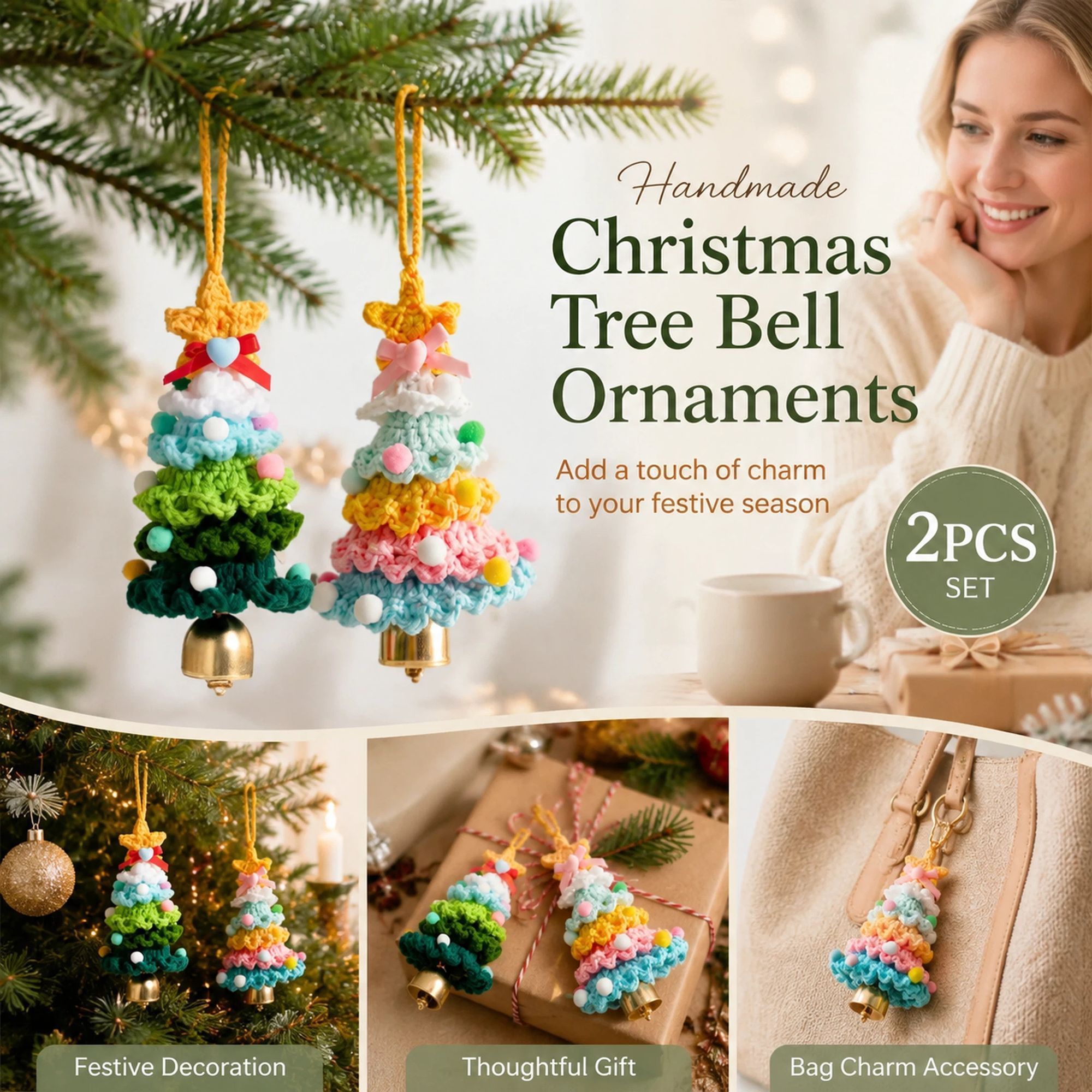 2 Pack Crochet Ornament C+D Green & Rainbow 1, Bright Holiday Pair - Image 1