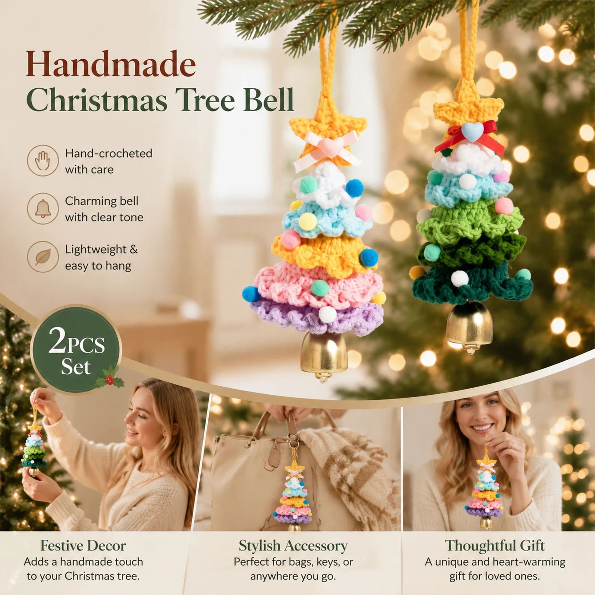 2 Pack Crochet Ornament C+E Green & Rainbow 2, Xmas Decor Duo - Image 1