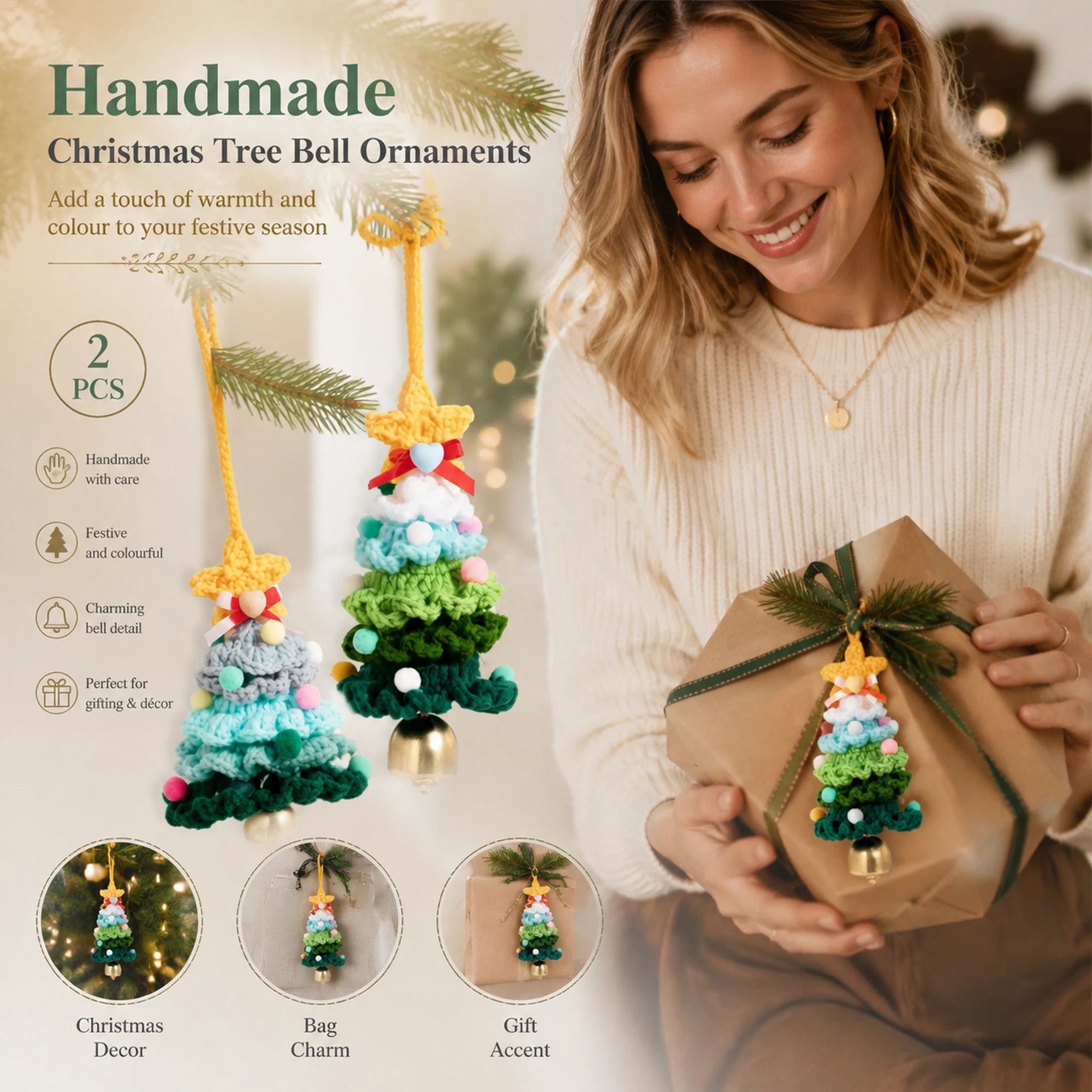 2 Pack Crochet Ornament C+F Green & Blue, Simple Christmas Pair - Image 1