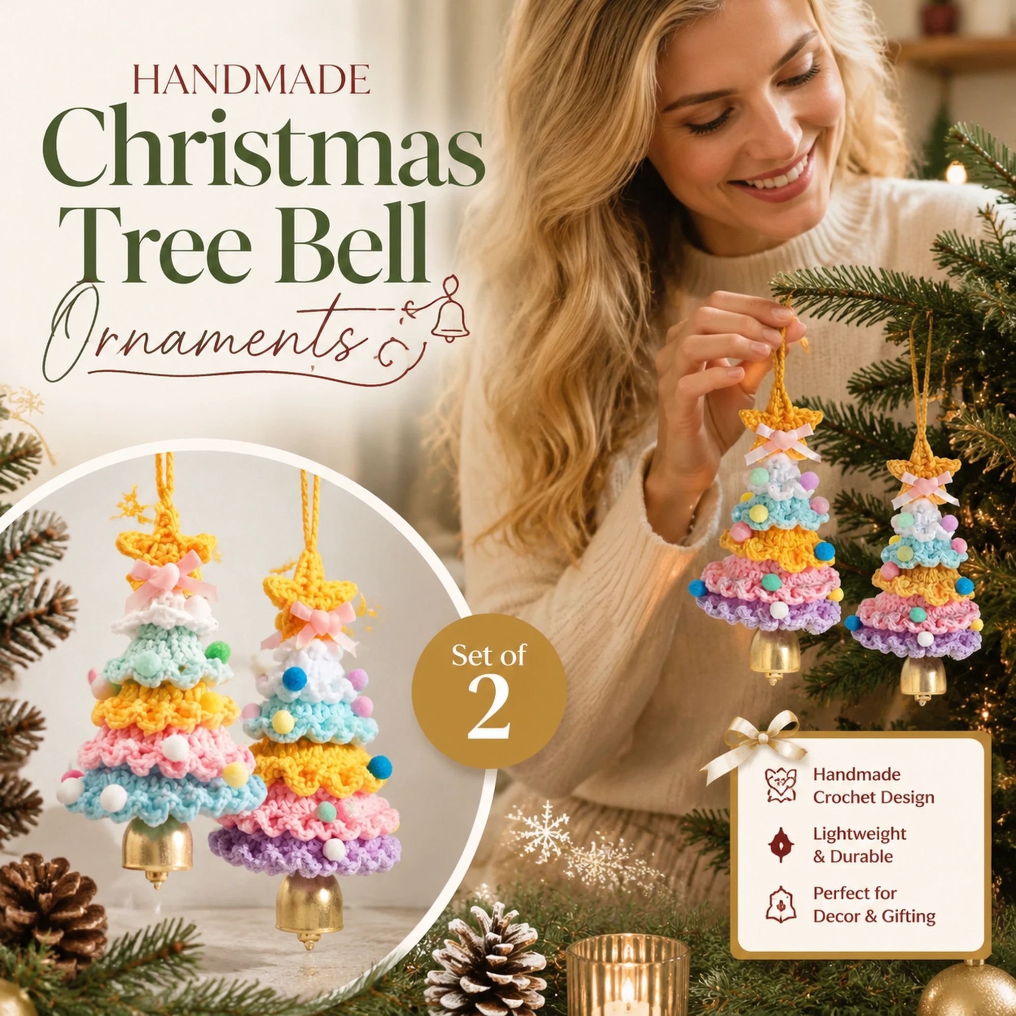 2 Pack Crochet Ornament D+E Rainbow 1 & Rainbow 2, Colourful Xmas Duo - Image 1