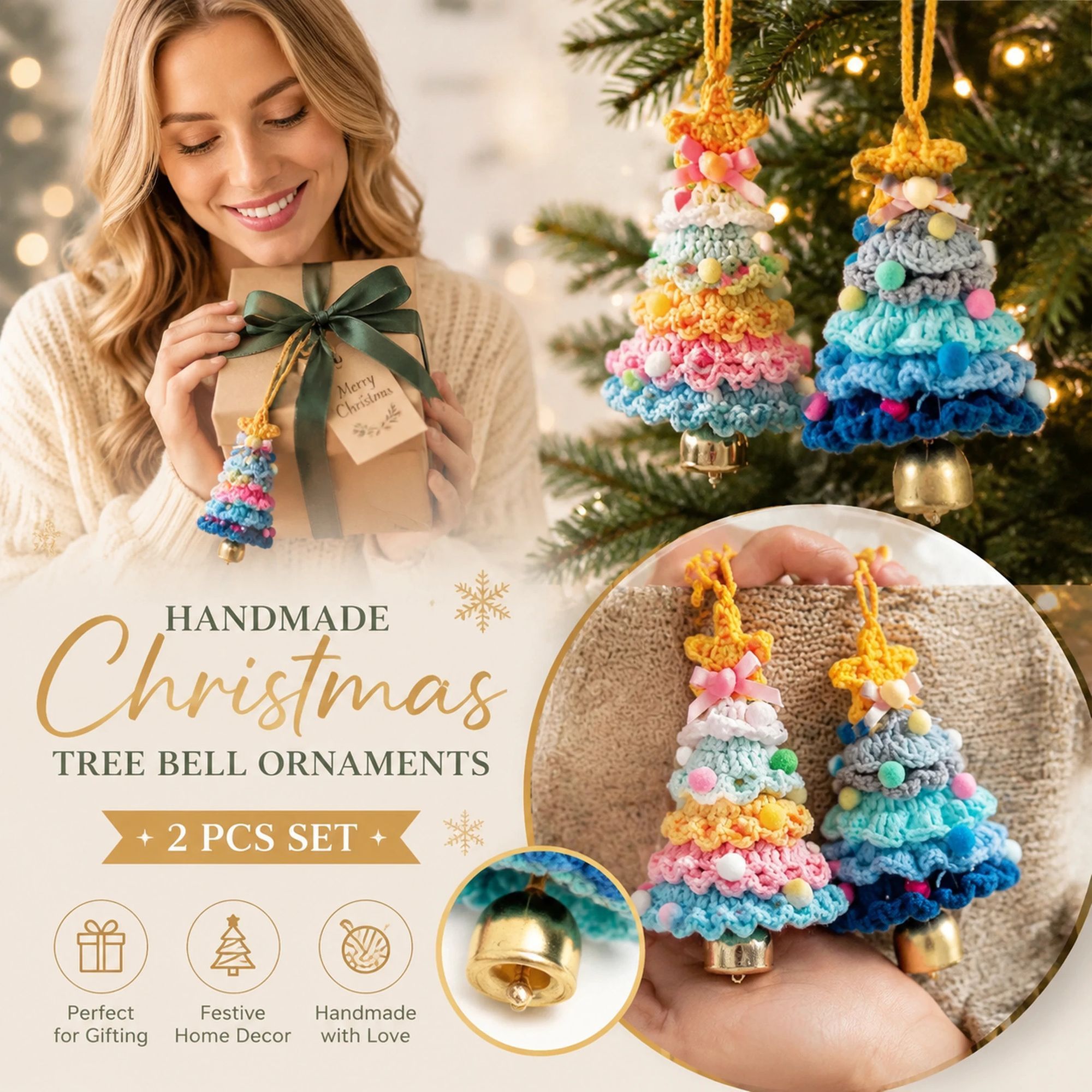 2 Pack Crochet Ornament D+F Rainbow 1 & Blue, Festive Gift Pair - Image 1