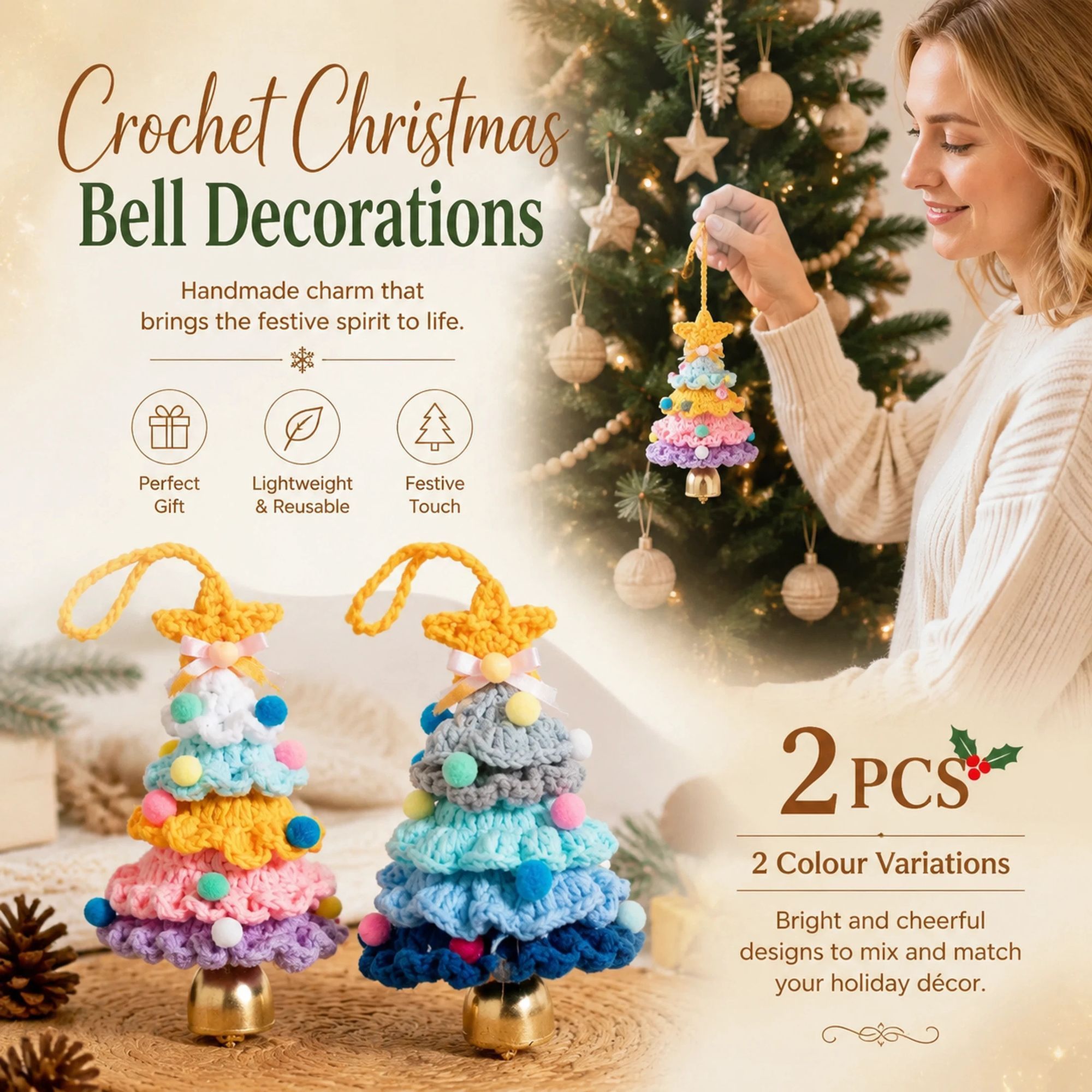 2 Pack Crochet Ornament E+F Rainbow 2 & Blue, Winter Holiday Duo - Image 1