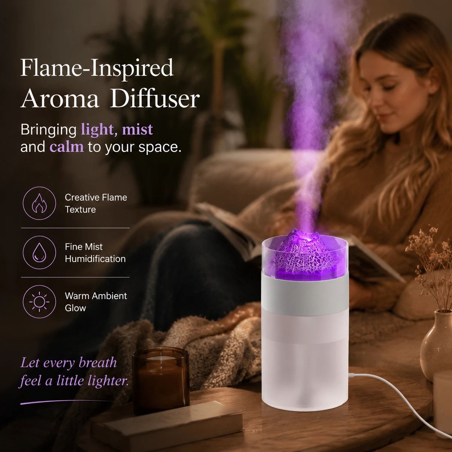 Volcano Aroma Humidifier, White, Bedroom Xmas Gift - Image 1