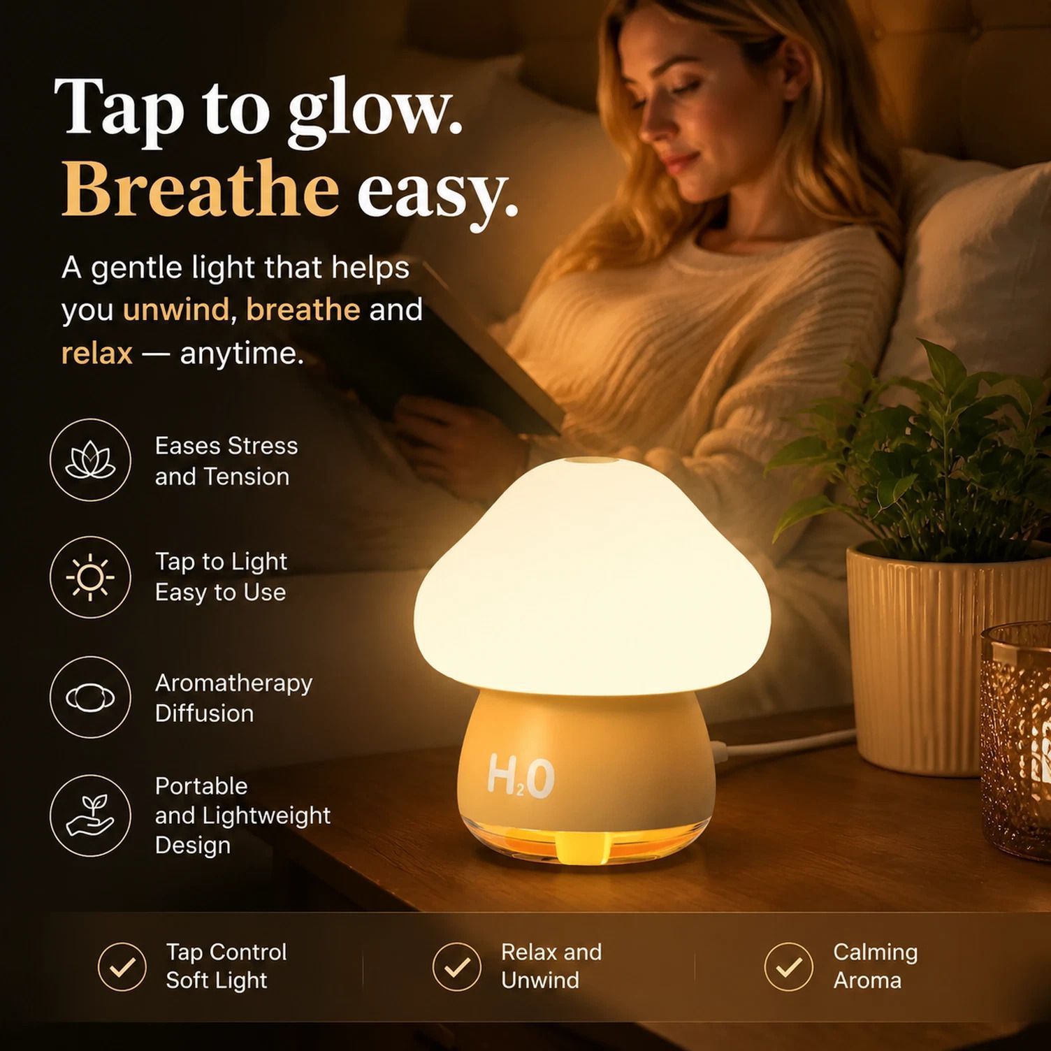 Tap Control Night Light Humidifier, Yellow, Cute Festive Gift - Image 1