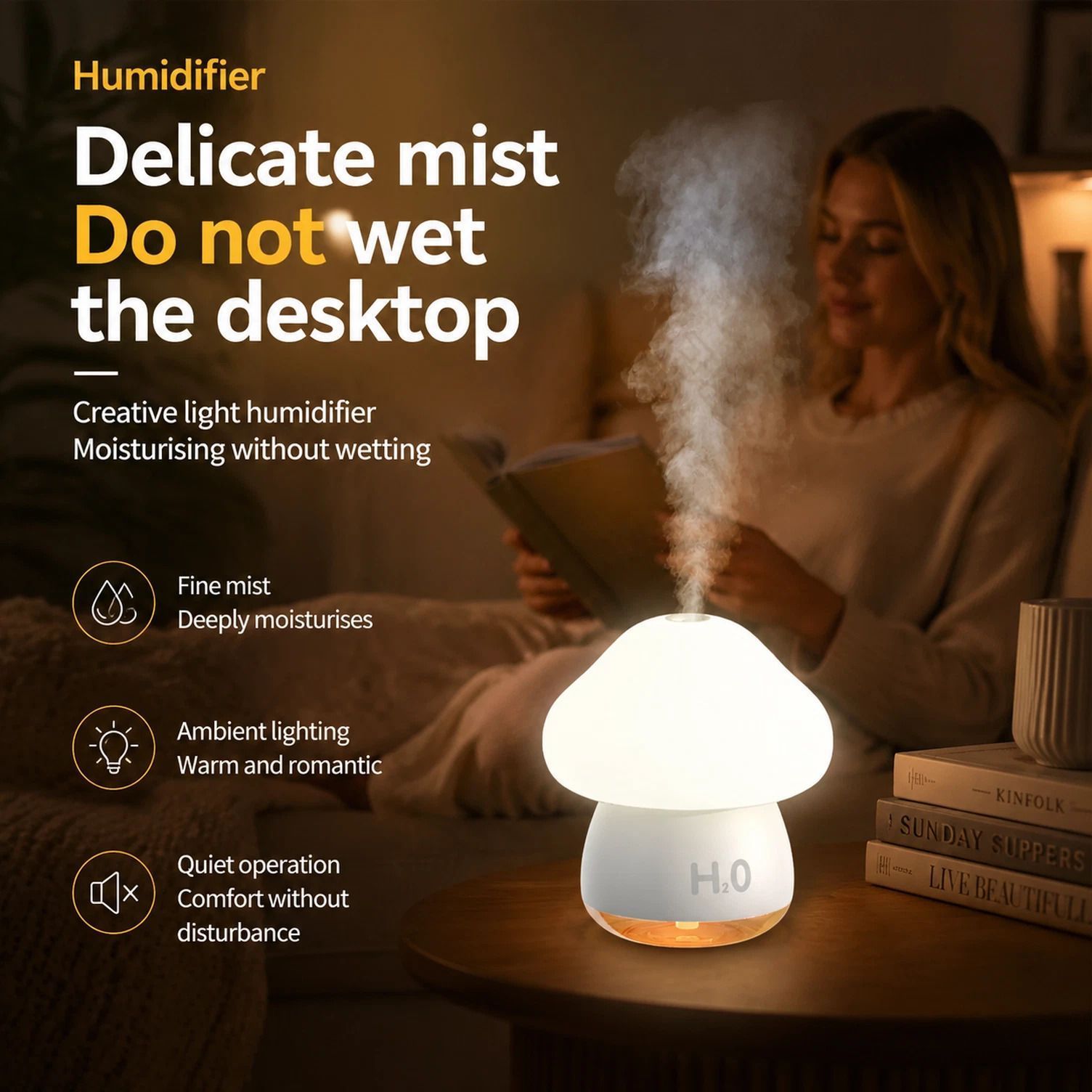 Tap Control Night Light Humidifier, Cream, Home Decor Gift - Image 1
