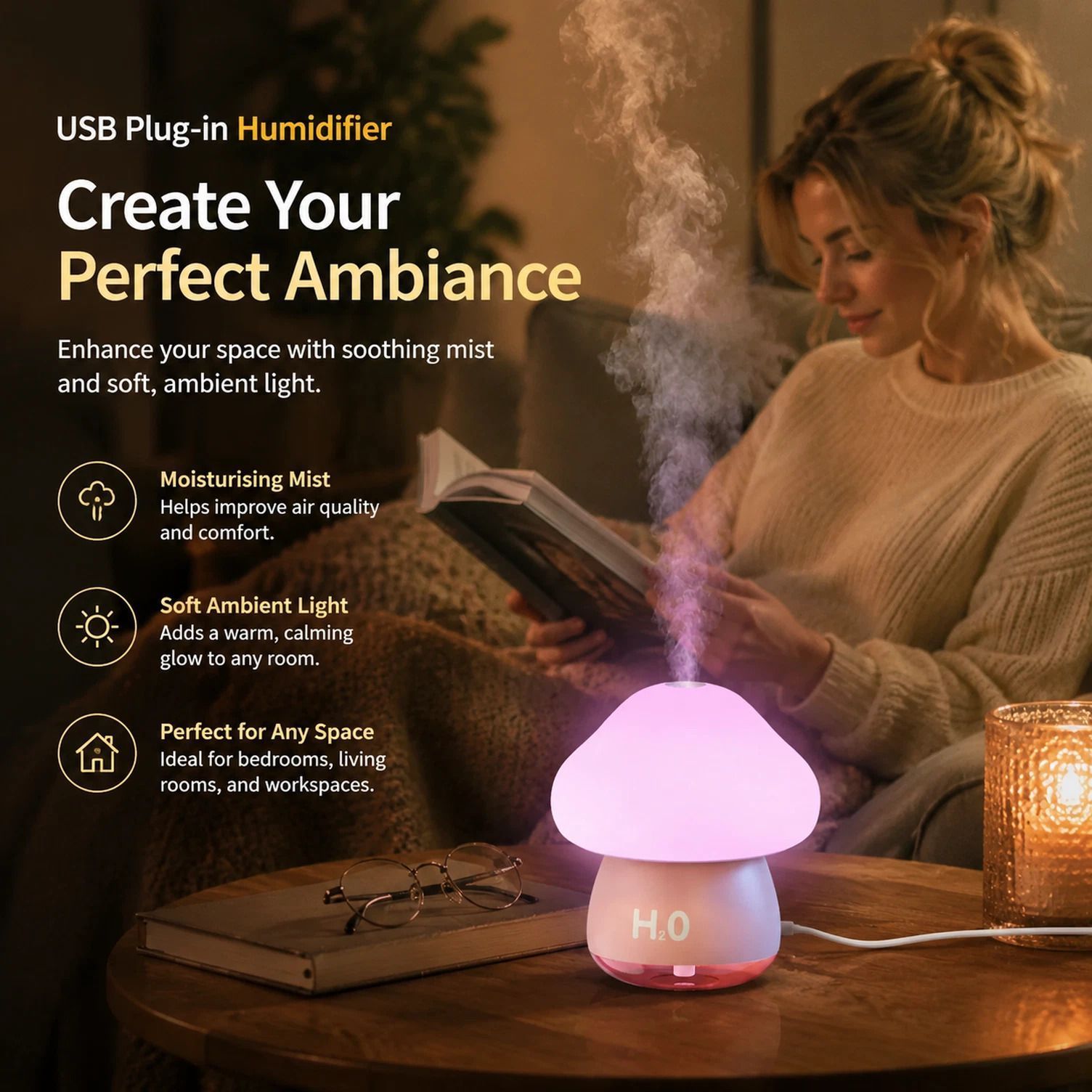 Tap Control Night Light Humidifier, Pink, Stocking Filler Gift - Image 1