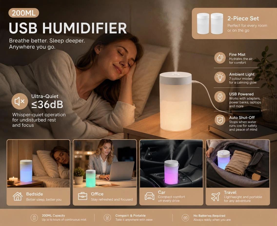 2 Pack USB Humidifier White, Xmas Gift Set - Image 1
