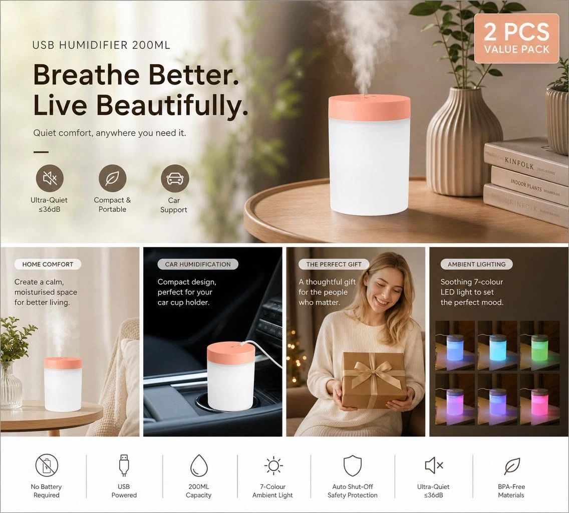 2 Pack USB Humidifier Pink, Festive Gift Pair - Image 1