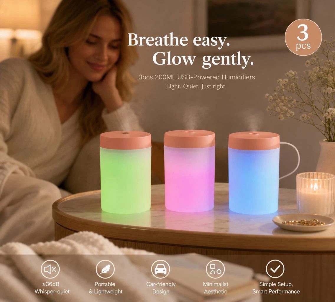 3 Pack USB Humidifier Pink, Bedroom Xmas Set - Image 1