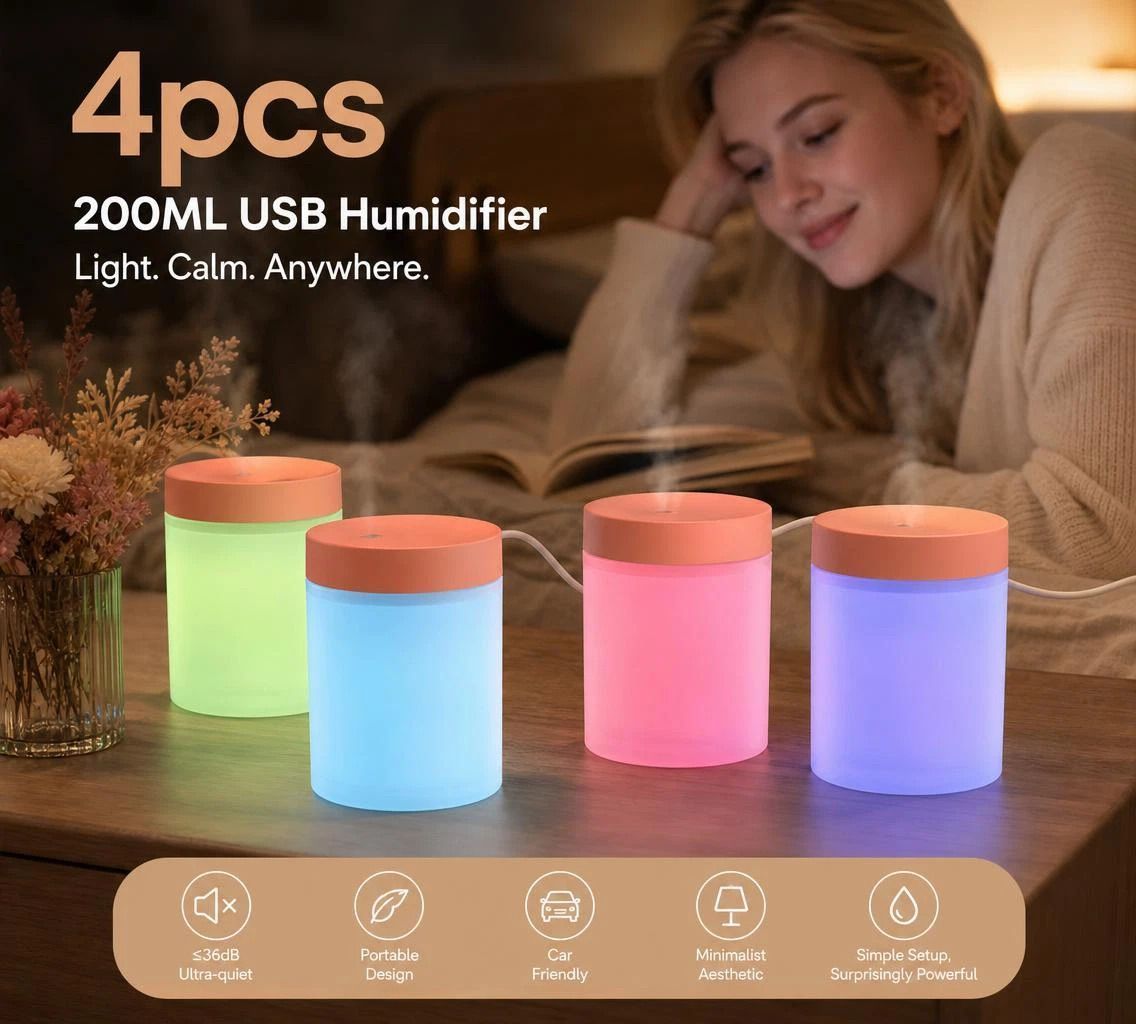4 Pack USB Humidifier Pink, Decor Gift Bundle - Image 1