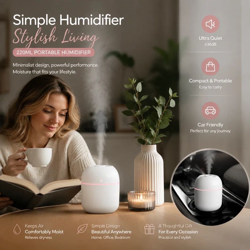 USB Water Drop Mini Humidifier 220ML White, Christmas Gift - Image 1